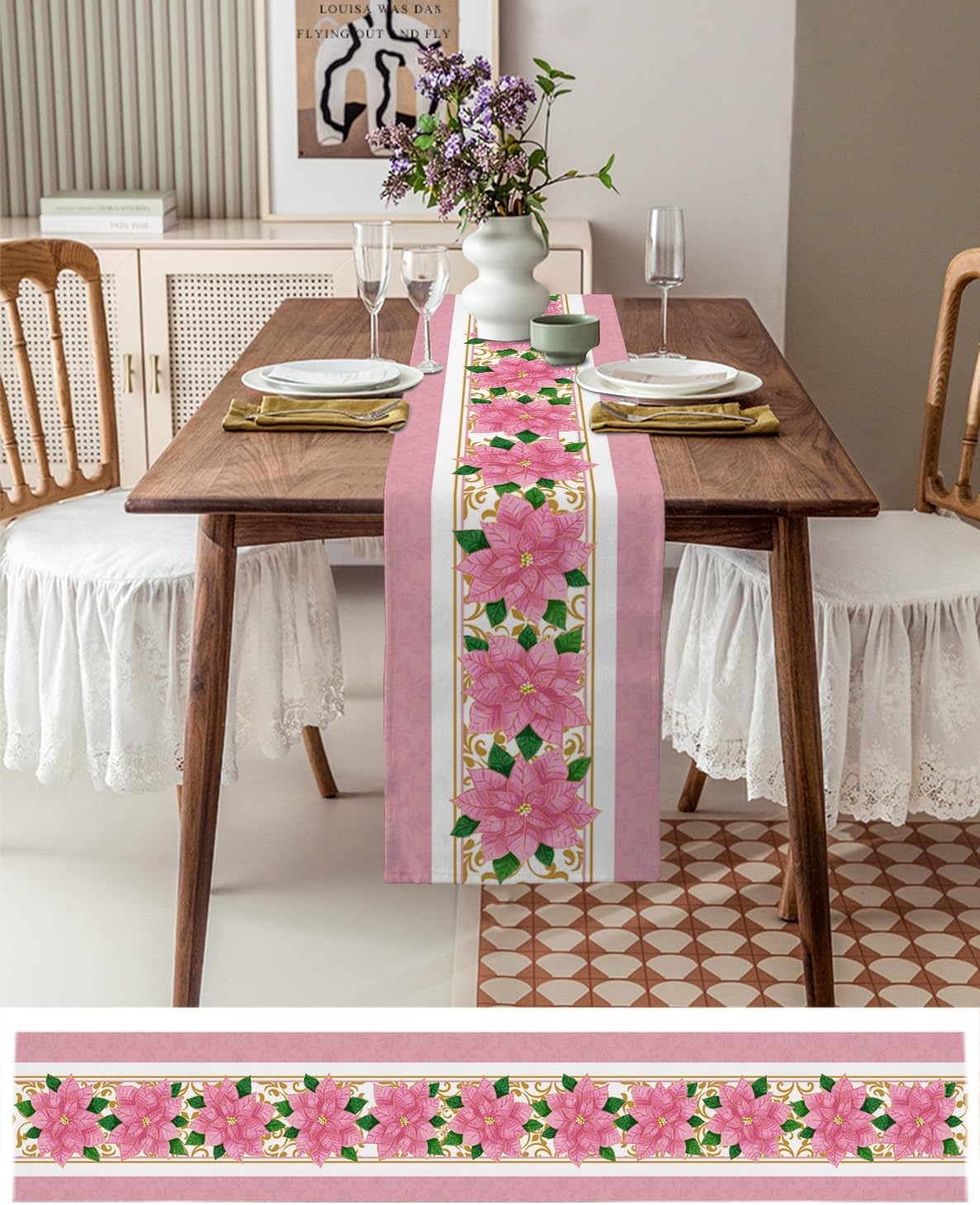 Camino de mesa de lino de algodón con textura de flor de pascua rosa de Navidad, camino de mesa de invierno con textura, sin arrugas, 13 x 36