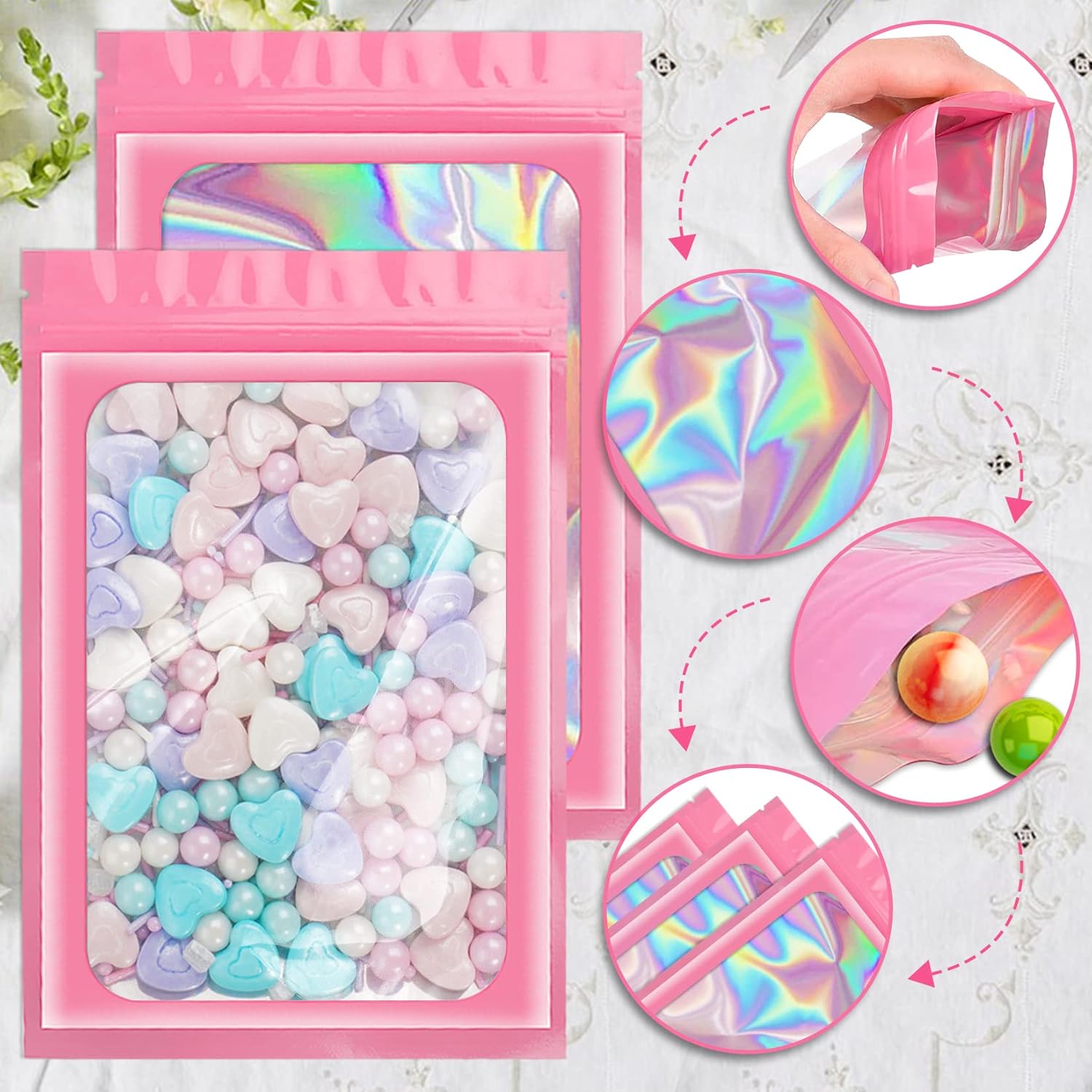Paquete de 100 bolsas holográficas, bolsas resellables con ventana transparente, bolsa de papel de aluminio resellable para almacenamiento de