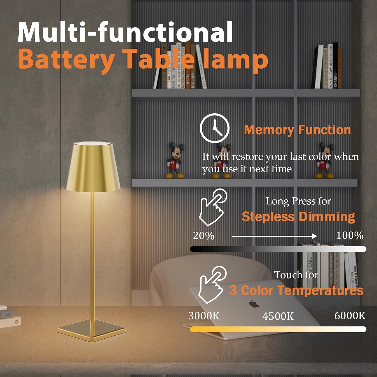 Paquete de 2 lámparas de mesa inalámbricas doradas, 5500 mAh, de latón, 3 temperaturas de color, regulables, recargables, para exteriores,