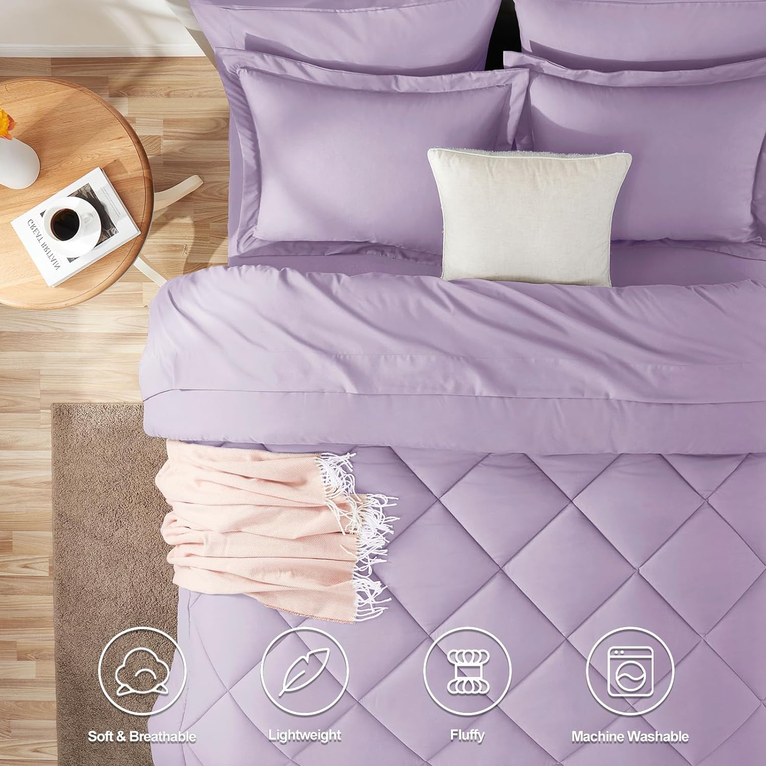 CozyLux Juego de edredón King con sábanas de 7 piezas, ropa de cama en una bolsa, color morado claro para todas las estaciones, juegos de ropa de