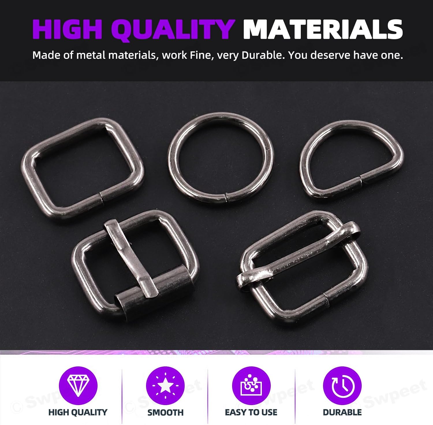 Swpeet 50 hebillas de metal de 5 estilos, hebillas de rodillo de metal, hebillas deslizantes ajustables de metal, anillo D, anillo circular, anillo