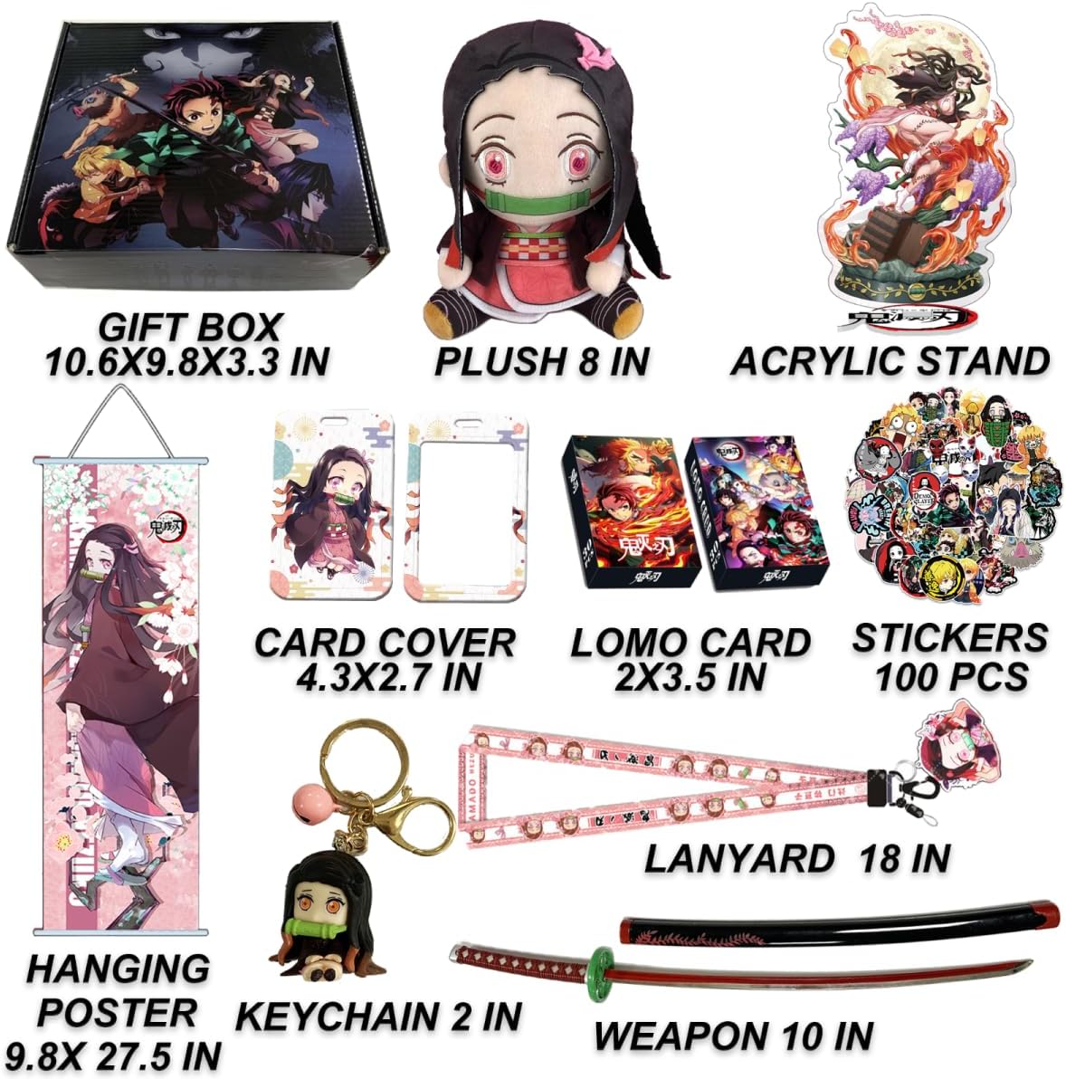 Duxpioh Juego de regalo de mercancía de anime, incluye felpa, póster colgante, mini espada, soporte acrílico, cordón, llavero, tarjetas Lomo,