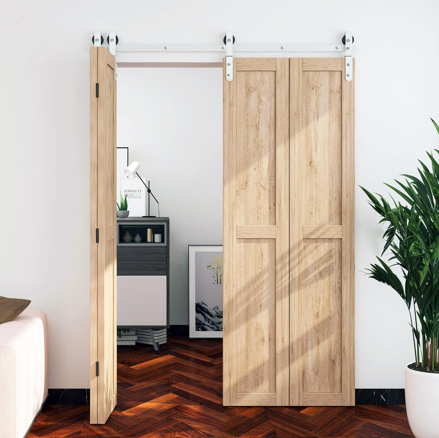 DIYHD Kit de puerta corrediza de granero plegable de 51-916 pulgadas, montaje frontal resistente, para 4 puertas, se ajusta a un ancho máximo de