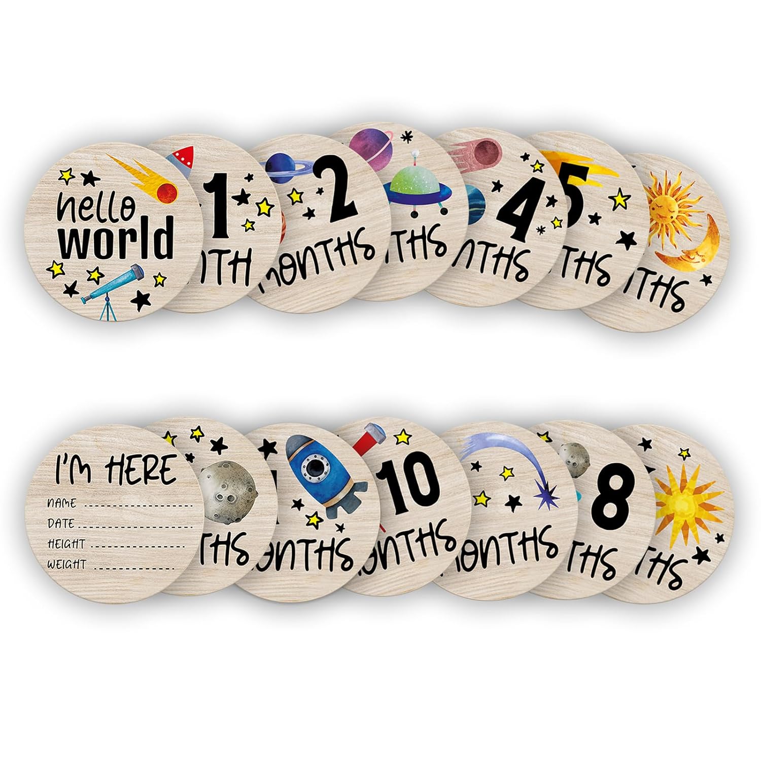Círculos mensuales de hitos para bebés, discos de madera de astronauta para fotos de bebé tomadas con letreros de Hello World, 7 carteles redondos