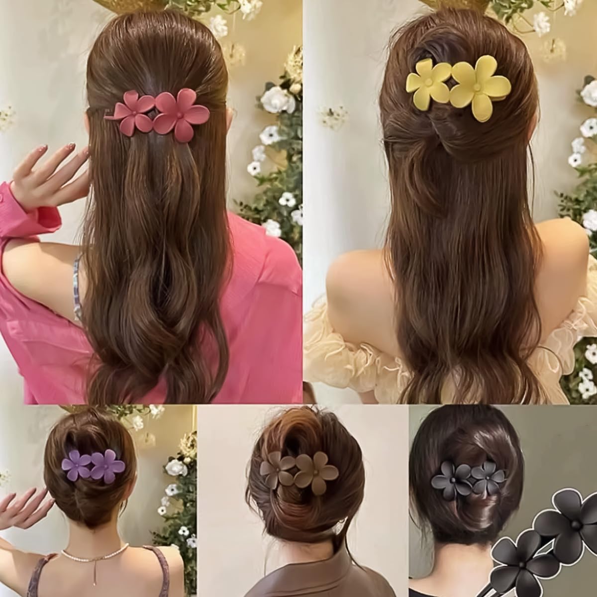 5 pinzas para el pelo con flores mate, pasadores de pelo de cocodrilo para mujeres y niñas, lindas pinzas para el cabello francés, antideslizantes,