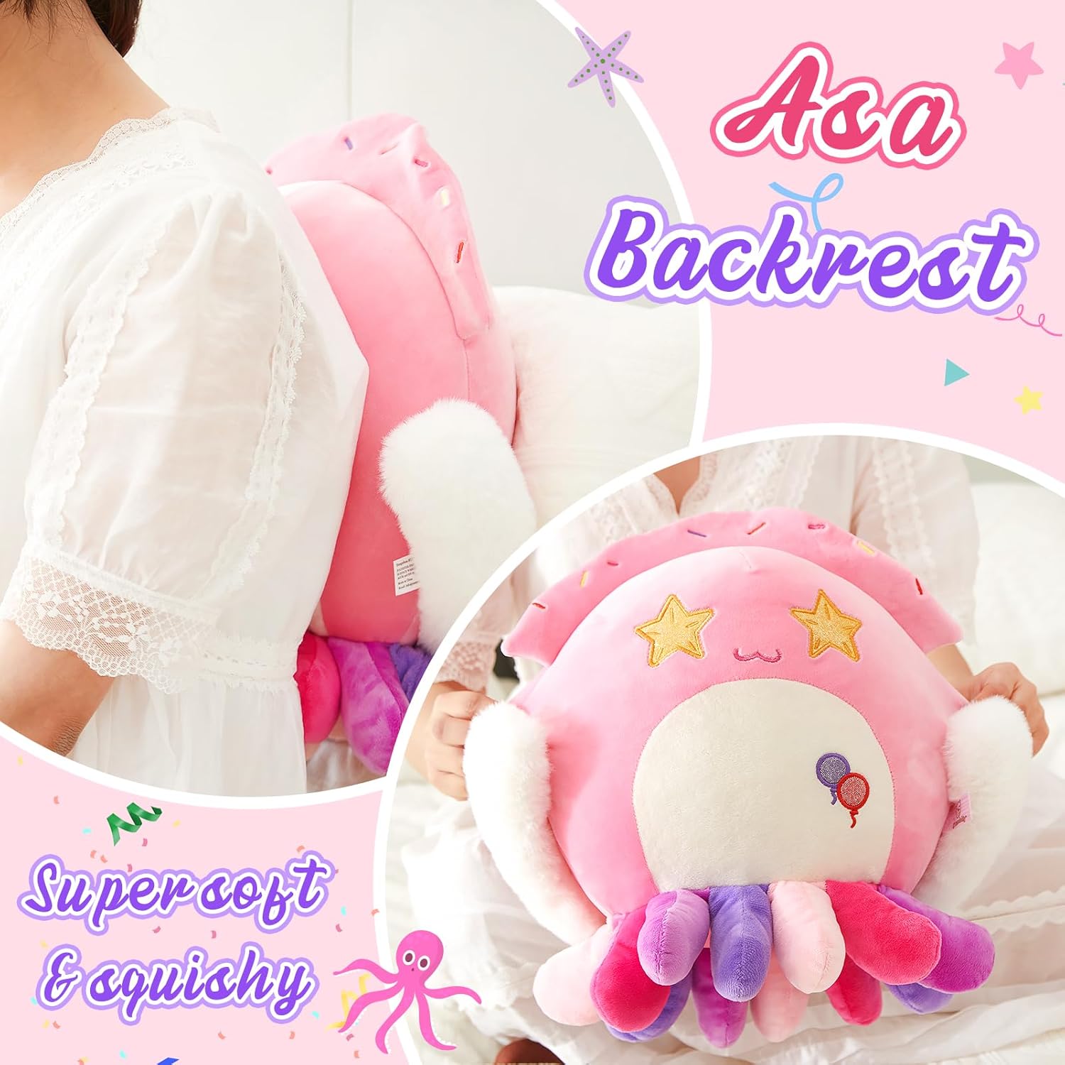 Houwsbaby Almohada de peluche de calamar de fiesta de 12 pulgadas, peluche de pulpo rosa, vida marina del océano, juguetes de animales de peluche de