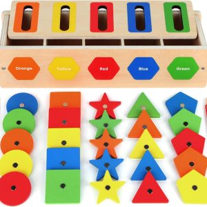Montessori Toys – Caja de clasificación de formas de color de madera para niños pequeños de 1 a 3, bloques geométricos a juego para aprendizaje Montessori Toys – Caja de clasificación de formas de color de madera para niños pequeños de 1 a 3, bloques geométricos a juego para aprendizaje