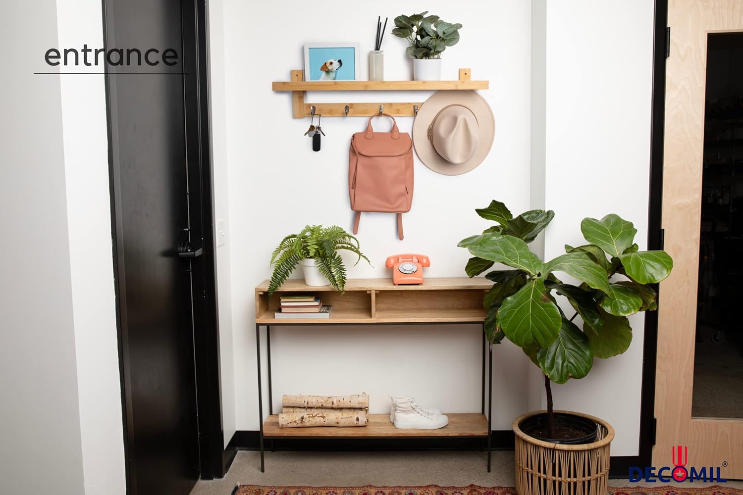 DECOMIL – Perchero con estante, Perchero de bambú, Perchero de montaje en pared, perchero con estante