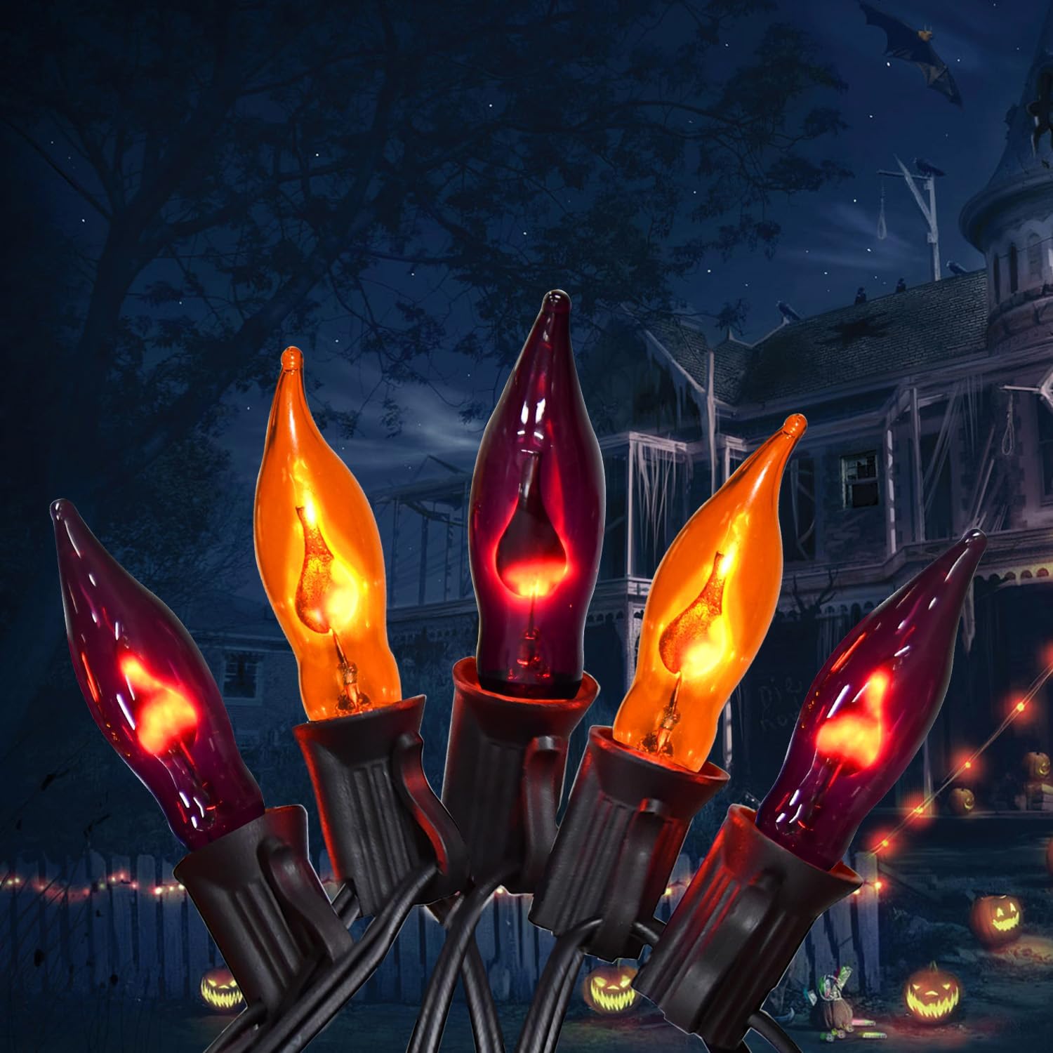 PASUTO Luces de Halloween naranjas y moradas, tira de luces de llama parpadeante, 12.8 pies, para interiores y exteriores, luces de Halloween C7,