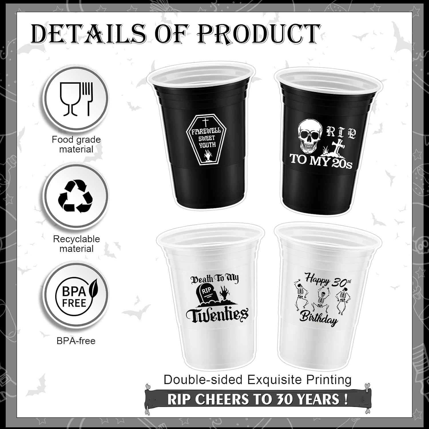 Rtteri Paquete de 48 vasos desechables de plástico grueso para fiesta de 16 onzas, RIP to My 20s, decoraciones de cumpleaños de 30 años, tazas de