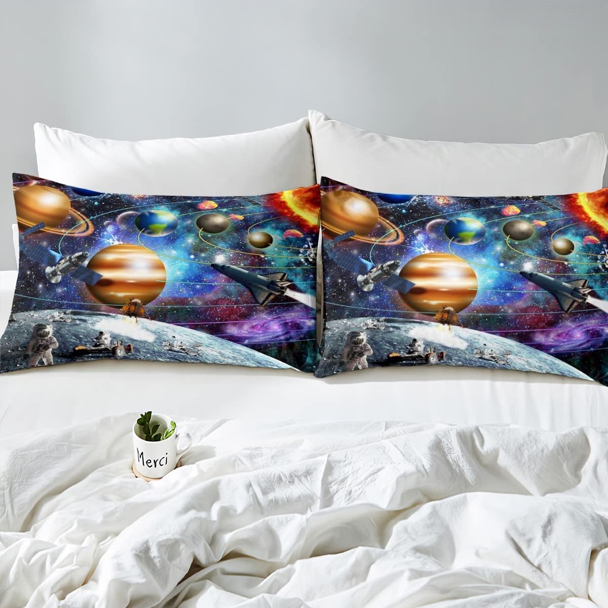 Juego de sábanas bajeras de planeta Tierra con sistema solar para niños, tamaño matrimonial, juego de sábanas de universo, astronauta del zodiaco,