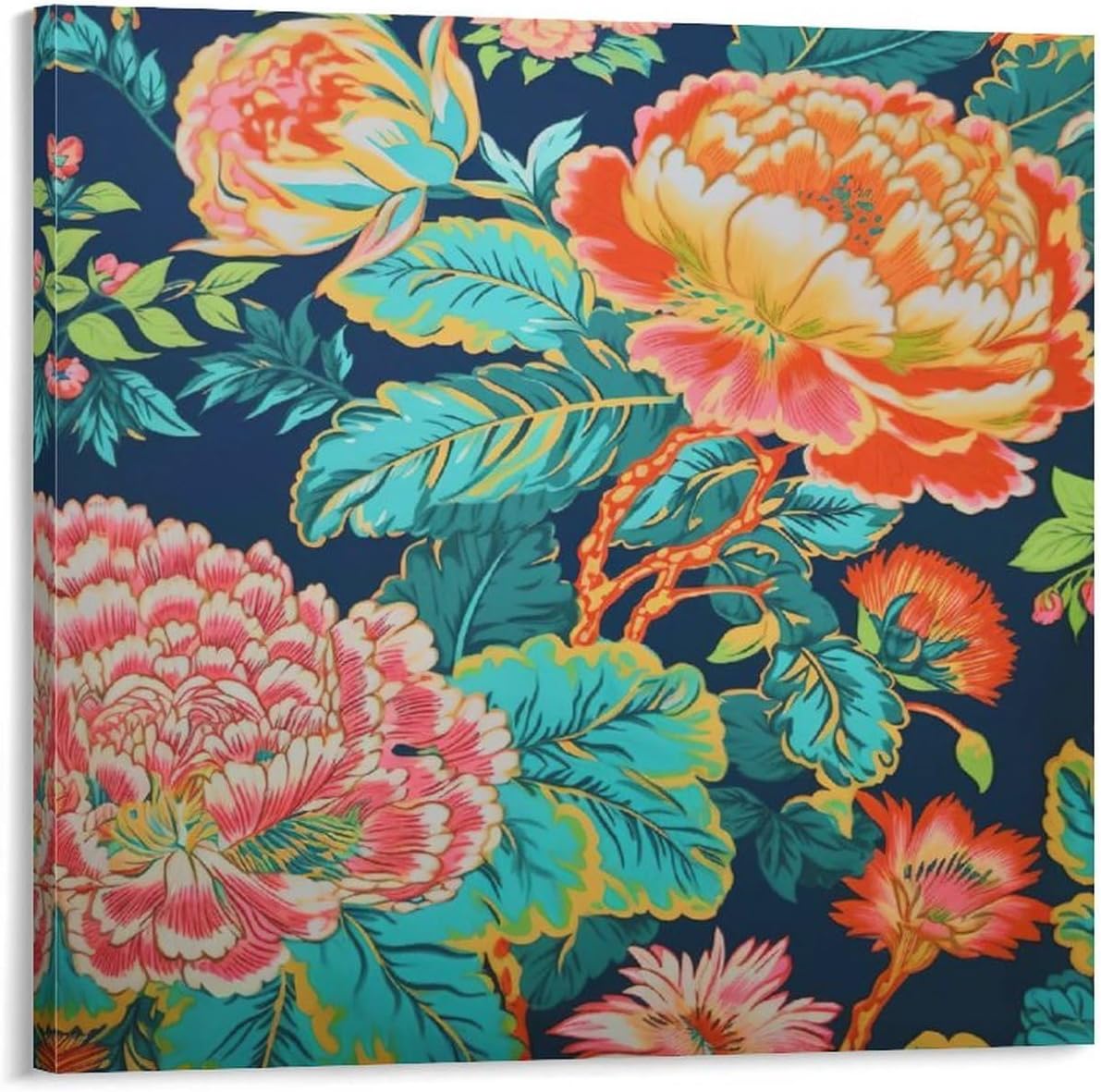 Lienzo de peonía chinoiserie azul marino, rosa y rojo, arte de pared con diseño floral de peonía asiática, pinturas de pared modernas para