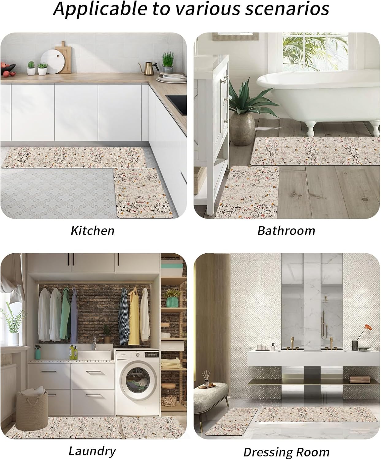 Juego de 2 alfombras y tapetes de baño, alfombra de pasillo de baño, vintage, floral, beige, absorbentes, para piso, bañera, fregadero, cocina,