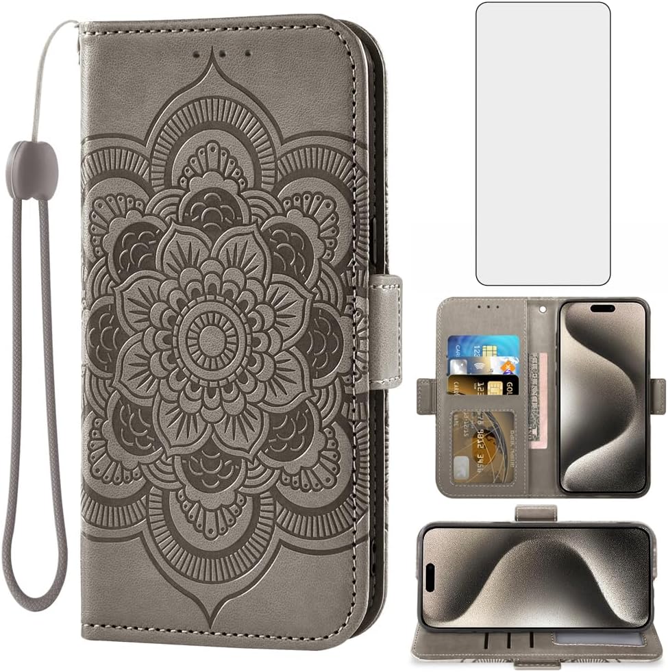 Asuwish Funda compatible con iPhone 15 Pro Max de 6.7 pulgadas y protector de pantalla de vidrio templado, tarjetero con tapa para teléfono celular