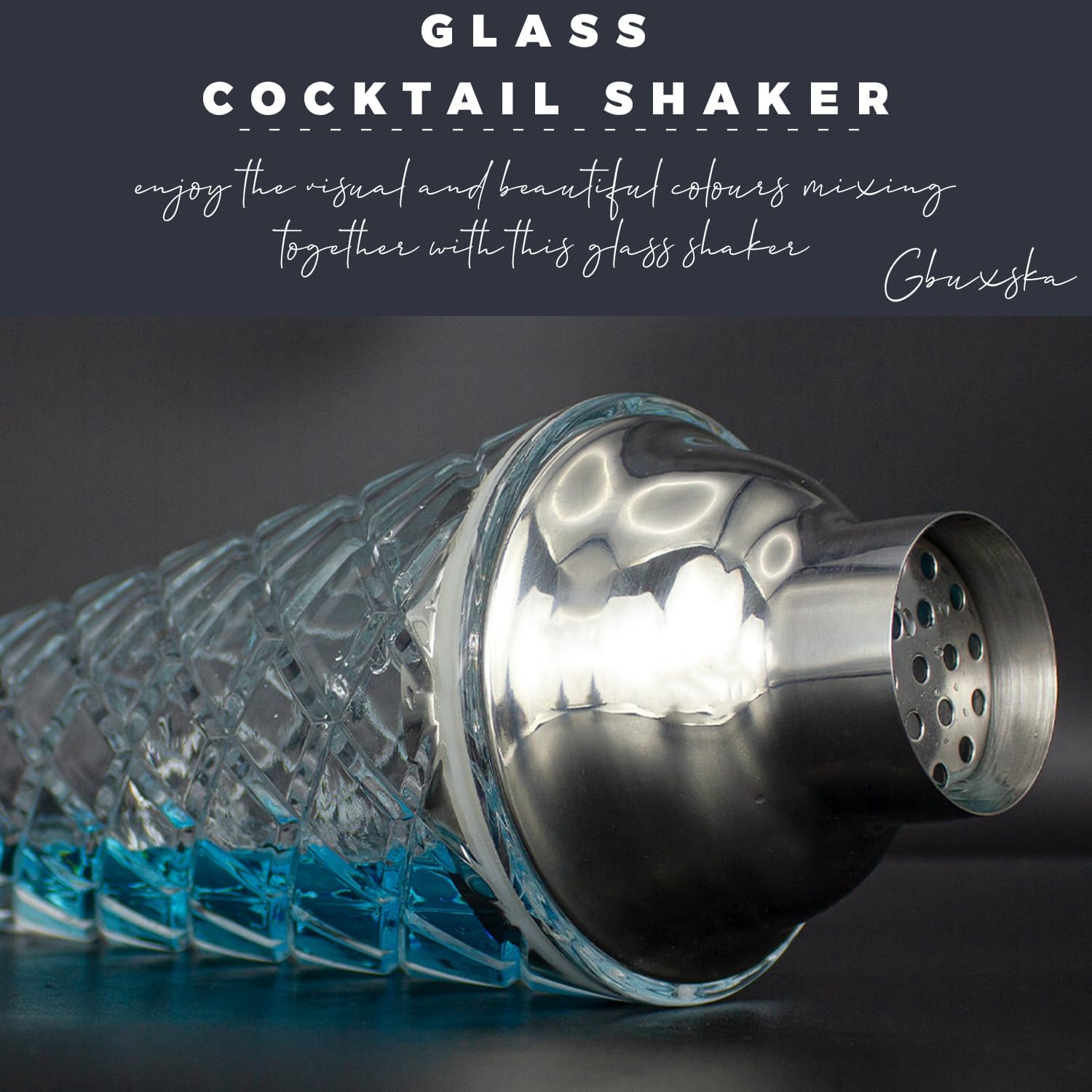 Kit de coctelera de cristal, 14.2 onzas de Martini Mocktail con tapa de acero metálico a prueba de fugas y colador para uso doméstico y carrito de