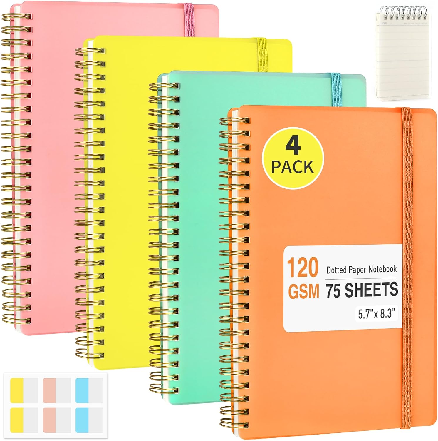 Smarpau Paquete de 4 cuadernos en espiral de 5.7 x 8.3 pulgadas, 75 hojas150 páginas por cuaderno, diario grande de cuadrícula de puntos
