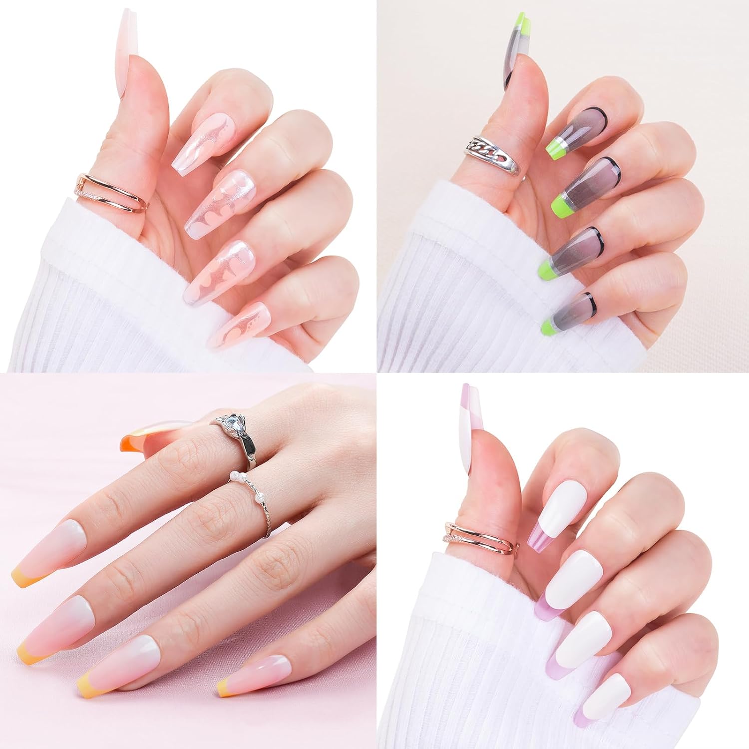 12 paquetes (288 piezas) de uñas postizas medianas a presión, uñas postizas largas con diseño cuadrado de pegamento en uñas acrílicas de cobertura