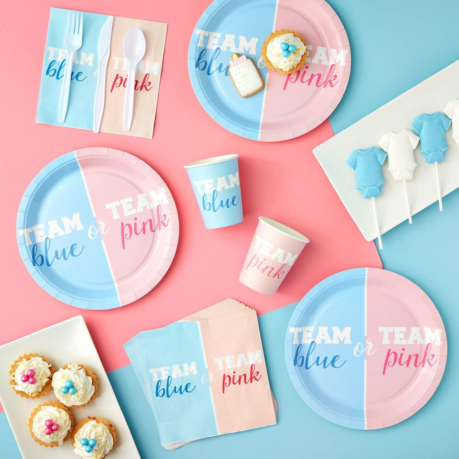 Platos desechables  80 platos de papel, suministros de fiesta de revelación de género para aperitivo, almuerzo, cena y postre, azul equipo o rosa