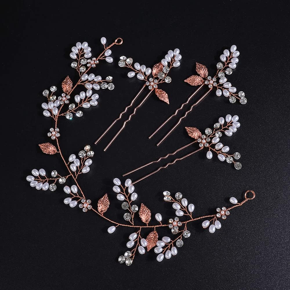 Jumwrit Juego de 3 horquillas para el cabello de novia y diadema de perlas con diamantes de imitación y 3 horquillas con flores brillantes,