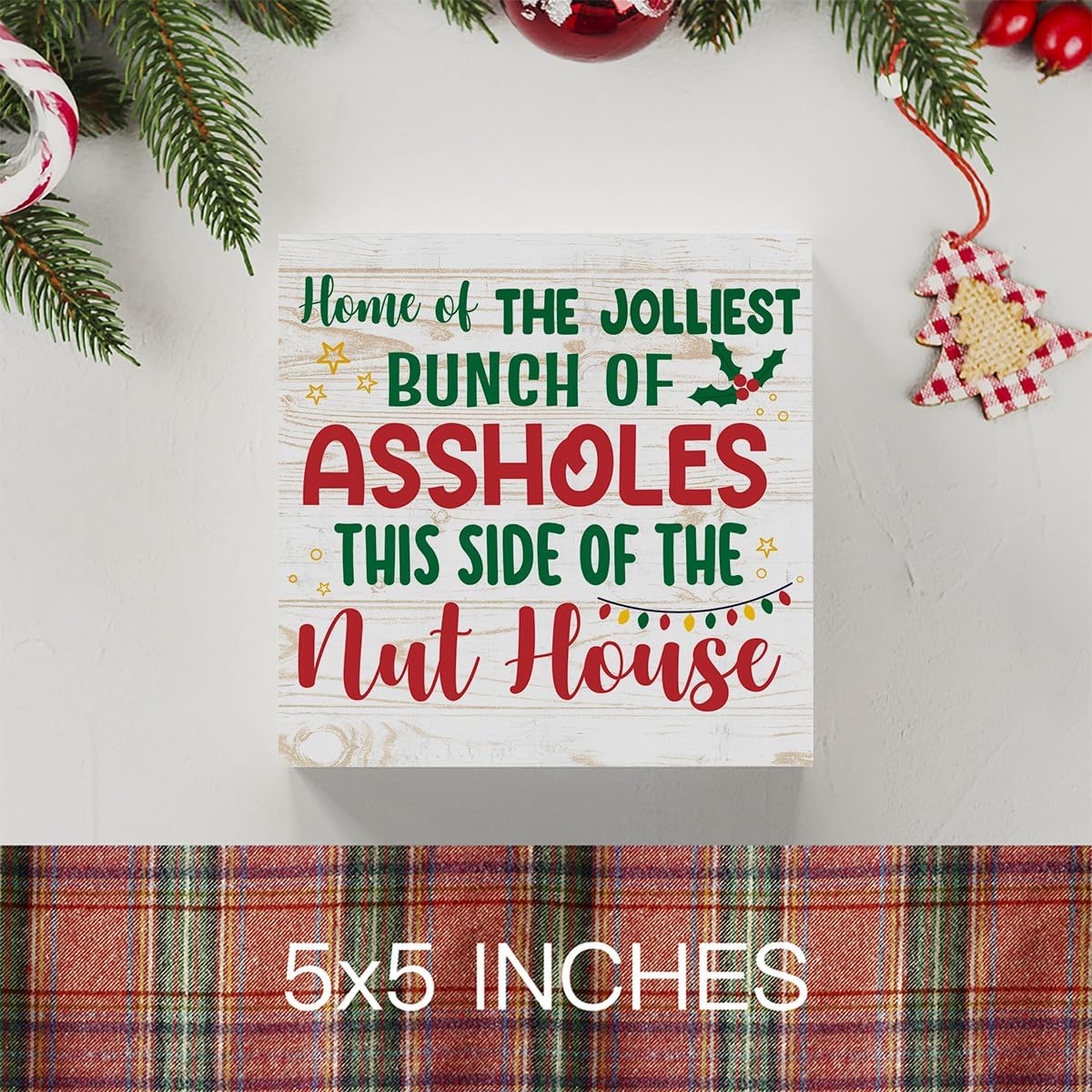 Cartel de madera divertido con texto en inglés Merry Christmas Home of the Jolliest, decoración de obras de arte de Papá Noel, letrero cuadrado de