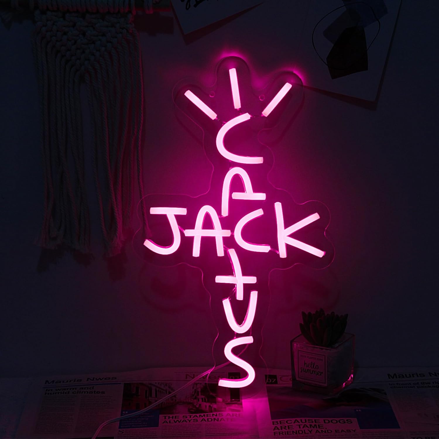 Jesalah Letrero de neón con diseño de cactus Jack con palabras rosadas, arte de luz de neón para rap, hablar, costa oeste, letrero colgante para