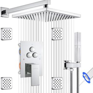 Sistema de ducha cromado de montaje en pared con 4 chorros corporales, accesorios de ducha desviadores de botón con 2 en 1 de mano, cabezal de ducha Sistema de ducha cromado de montaje en pared con 4 chorros corporales, accesorios de ducha desviadores de botón con 2 en 1 de mano, cabezal de ducha