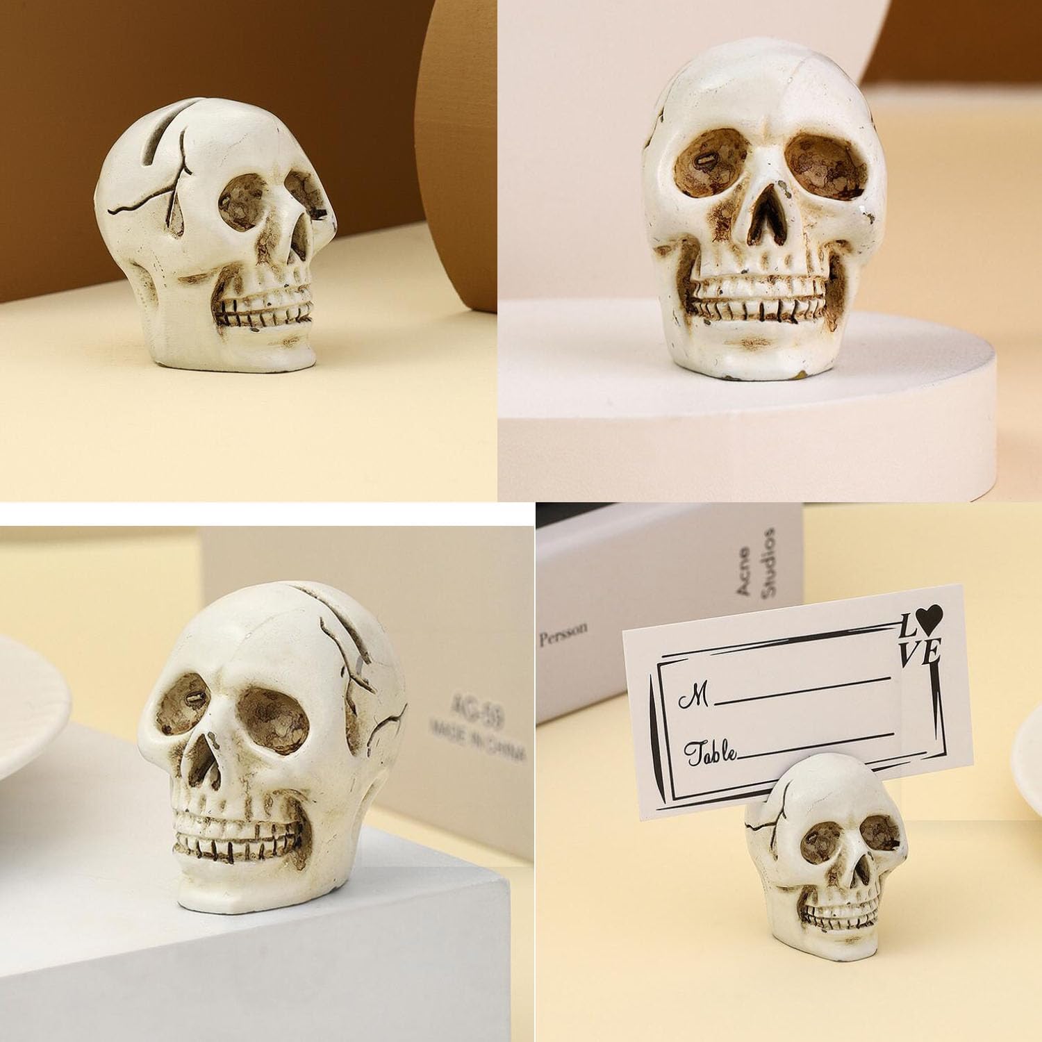 4 piezas de lindo clip para tarjetas en la parte superior de la mesa, cráneo de resina, modelo de réplica de calavera humana realista para