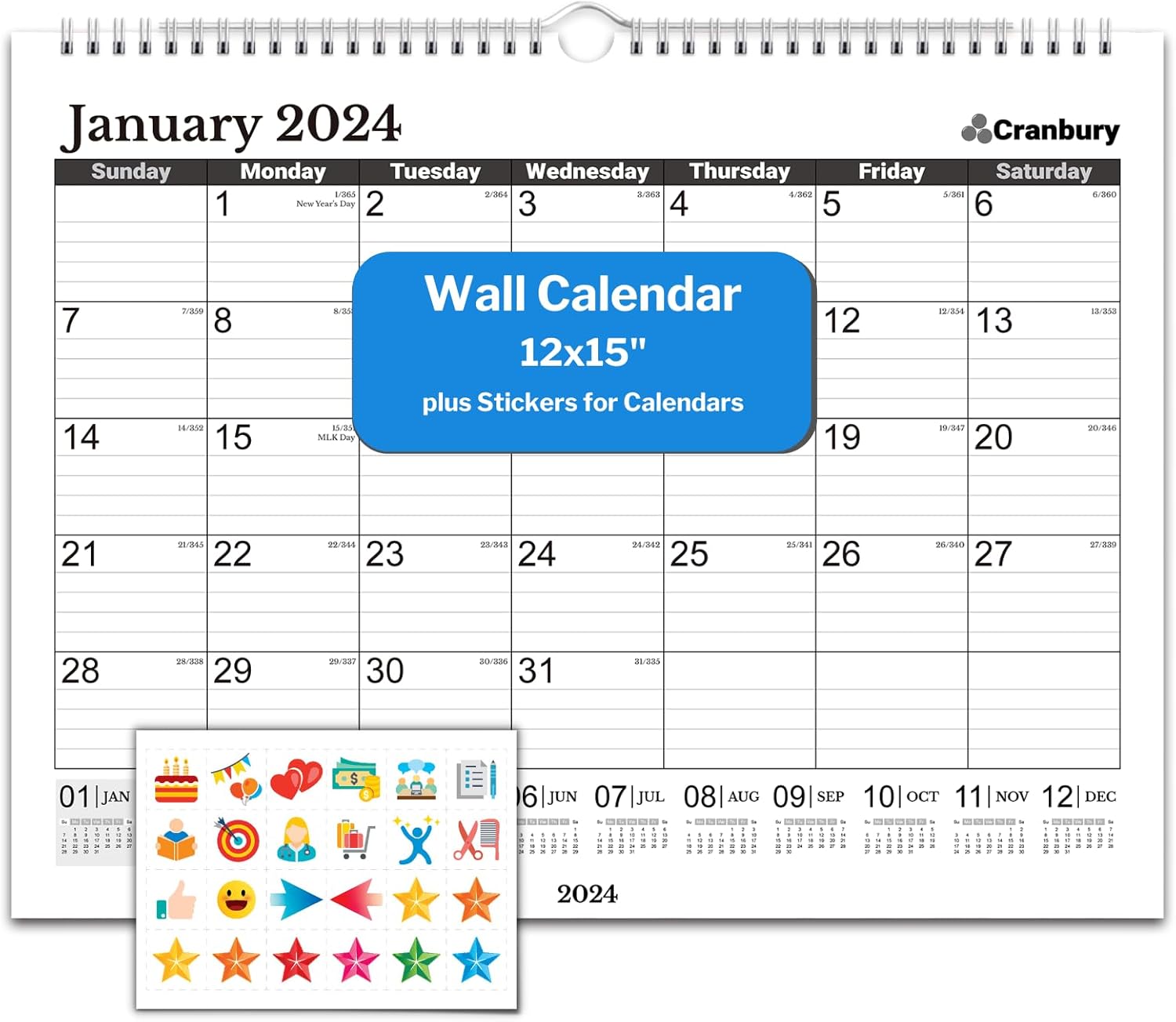 CRANBURY Calendario de pared grande 2024 (negro), 12 x 15 pulgadas, calendario de oficina, uso como calendario colgante 2024 de 12 x 15 pulgadas o