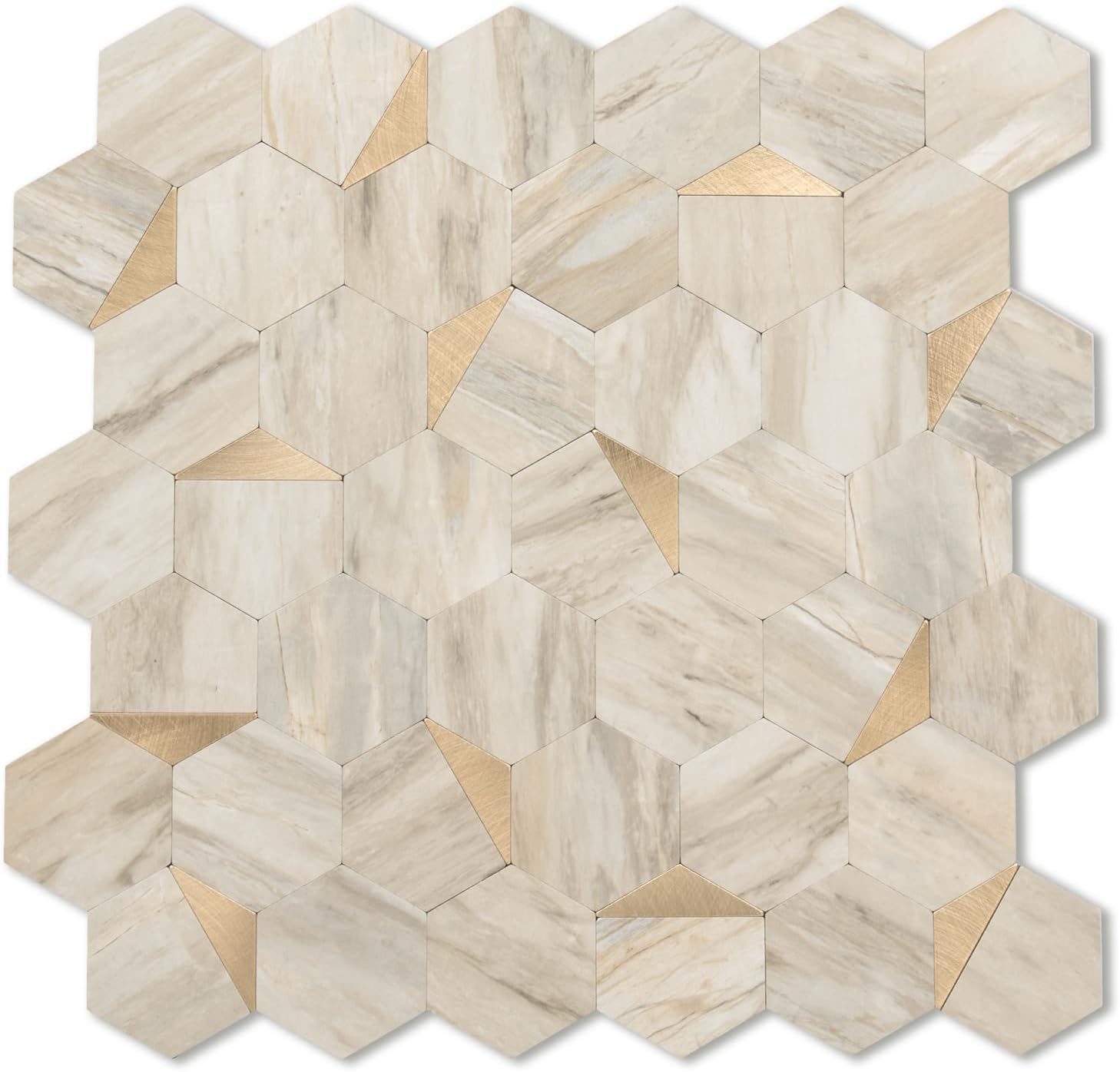Azulejos hexagonales de 20 hojas para despegar y pegar, 12.2 x 11.34 pulgadas, mármol beige, azulejos de pared de PVC 3D mezclados de mármol beige