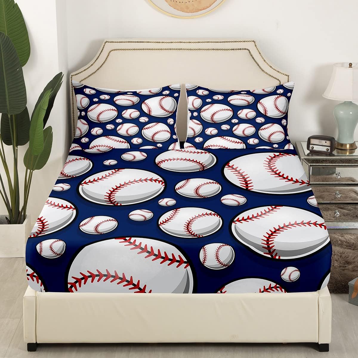 Juego de ropa de cama de béisbol con temática deportiva, sábana bajera ajustable para niños, niñas, adolescentes, 3D, patrón de bola azul, juego de