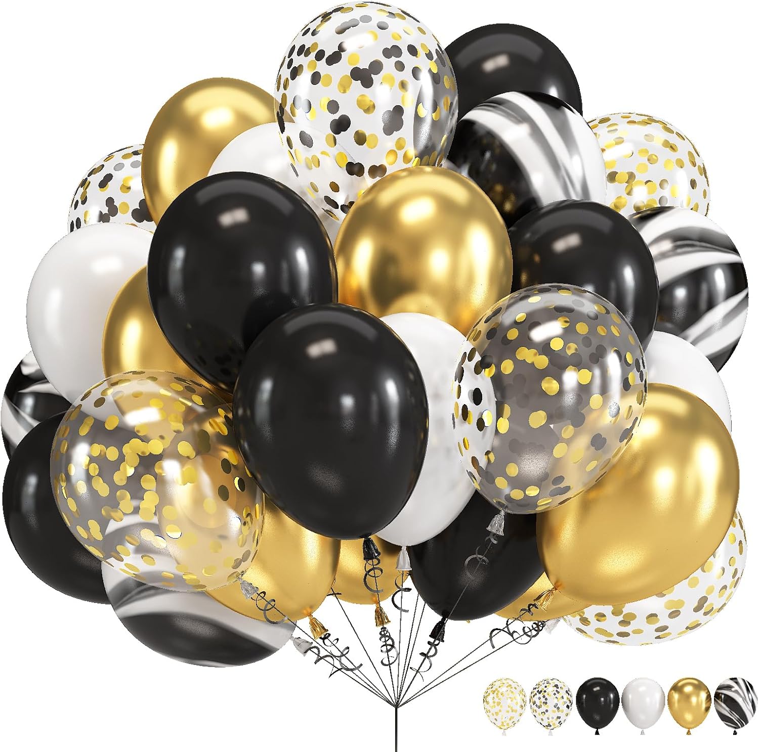 Globos negros y dorados, 60 paquetes de globos de mármol de ágata negra y blanca de 12 pulgadas con globos de confeti dorado metálico para hombres y