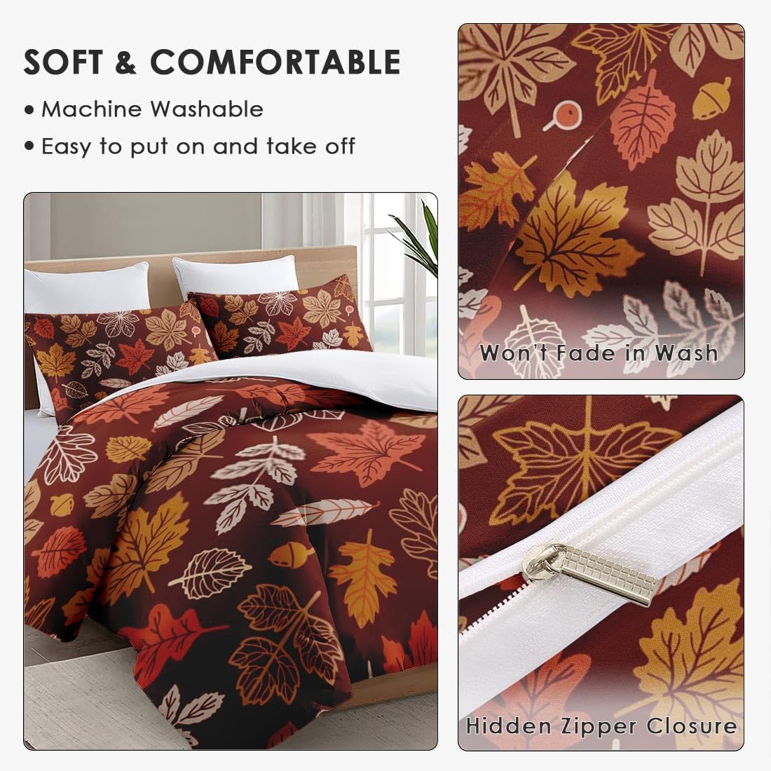 Juego de funda de edredón, juego de ropa de cama de otoño con hojas de otoño y Acción de Gracias para niños y adultos, decoración de dormitorio