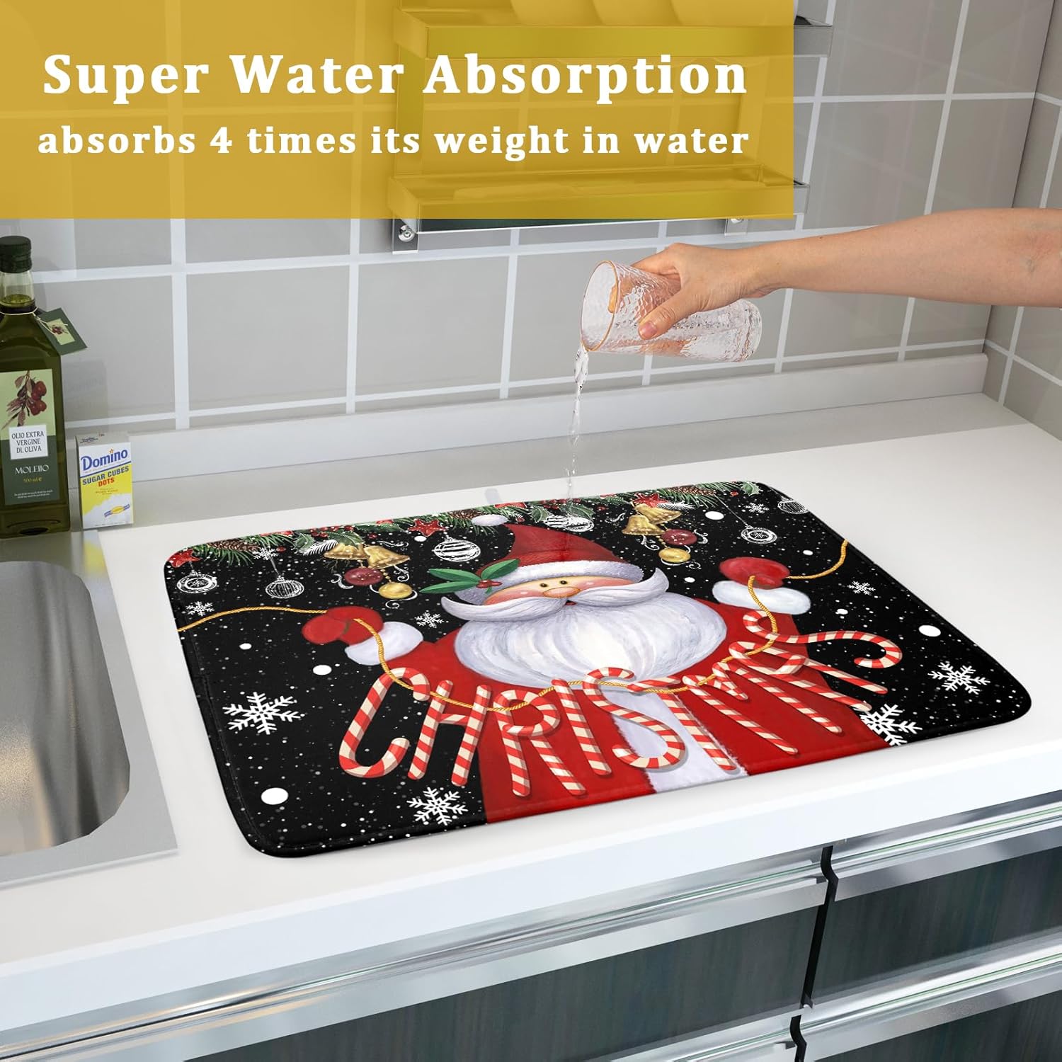 Tapete absorbente para secar platos, tapete de platos de Navidad de Papá Noel para encimeras de cocina, 18 x 24 pulgadas, escurridor de platos de