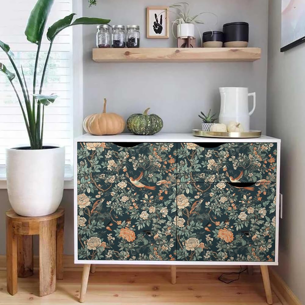 Papel tapiz autoadhesivo de 18 x 236 pulgadas, diseño floral de peonías verdes, bosque, floral, autoadhesivo, extraíble, fácil de despegar, para
