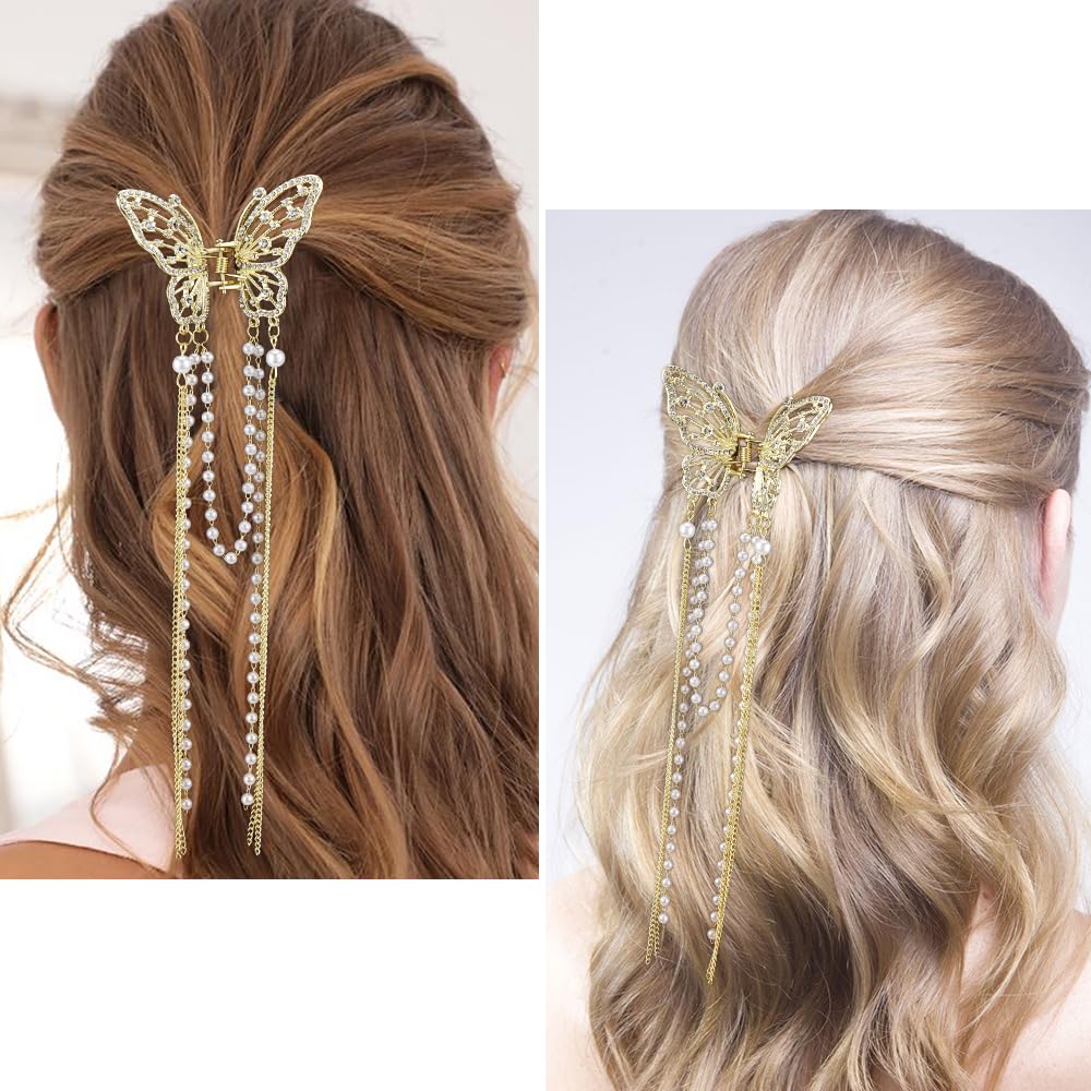 Ahoney 2 pinzas de mariposa para el cabello, pinzas de mariposa para el cabello con dijes, pinzas de metal para el cabello con borlas, perlas y