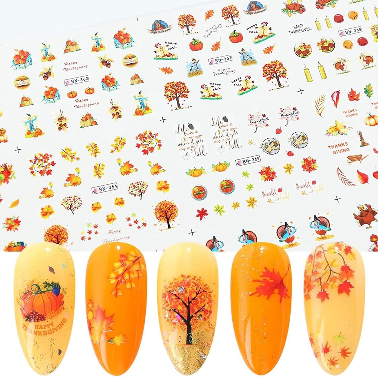 12 calcomanías de uñas de hoja de arce, calcomanías de agua de calabaza de chile de otoño, calcomanías de agua para el día de Acción de Gracias,