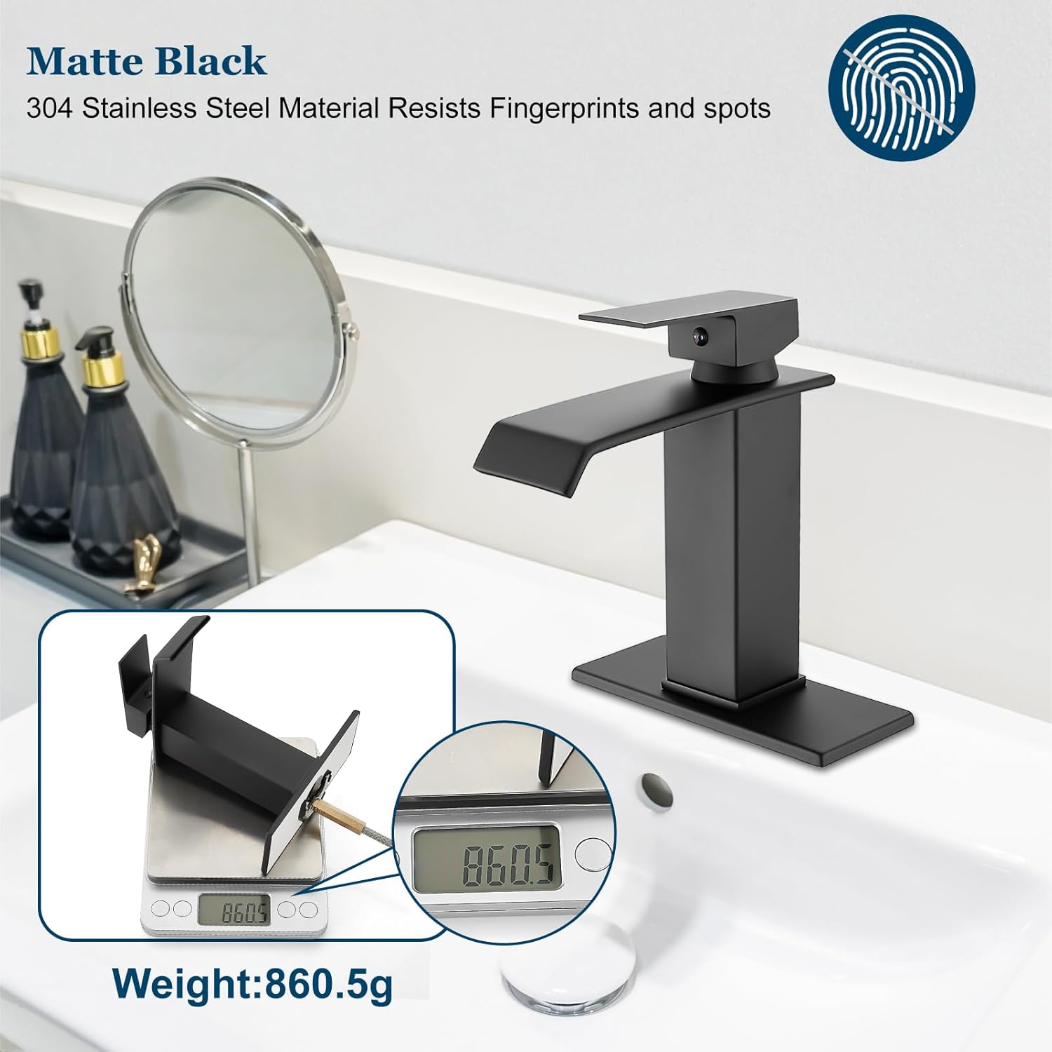 Grifo de lavabo de baño negro mate de una sola manija para lavabo de tocador de granja de 1 agujero, grifo de baño de montaje en cubierta con