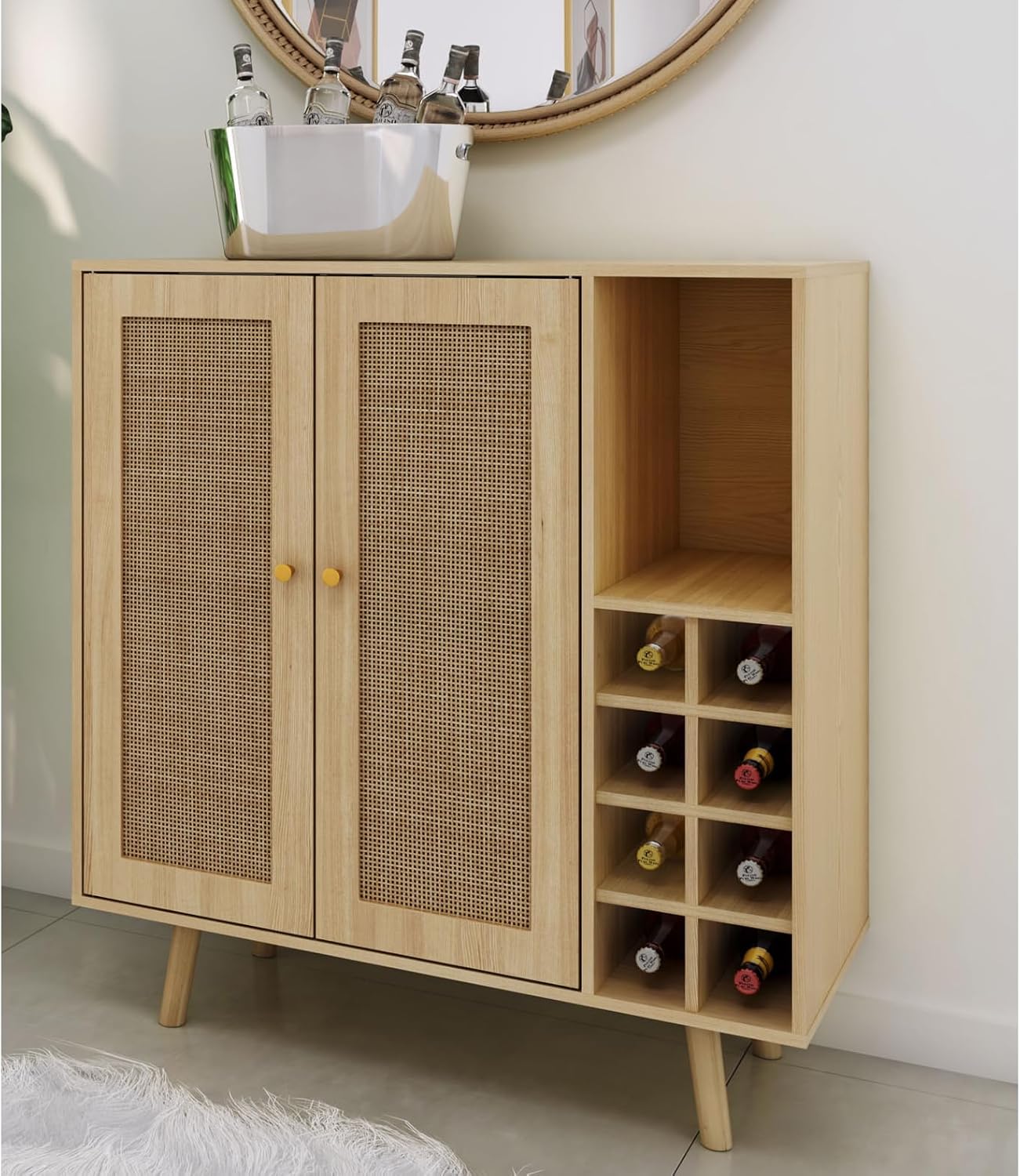 Atlantic Loft & Luv Remy Boho Mid-Century Paneles de ratán natural con almacenamiento, gabinete de barra de acabado