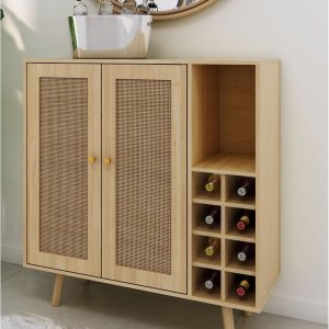 Atlantic Loft & Luv Remy Boho Mid-Century Paneles de ratán natural con almacenamiento, gabinete de barra de acabado Atlantic Loft & Luv Remy Boho Mid-Century Paneles de ratán natural con almacenamiento, gabinete de barra de acabado
