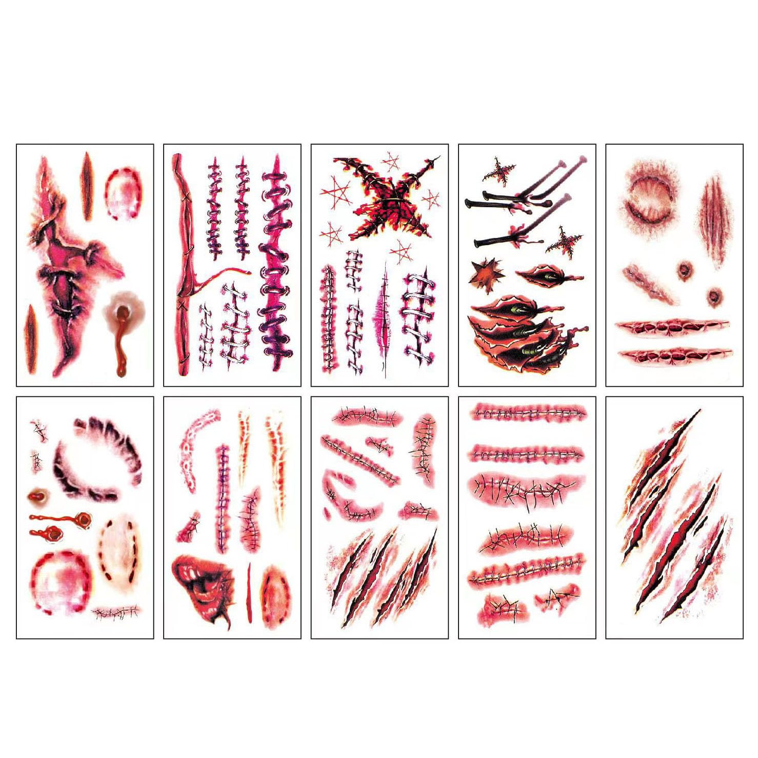 ELOOF Tatuajes de Halloween de cicatriz para el cuerpo, tatuajes de maquillaje realistas temporales para hombres, adultos, mujeres, niños (pegatinas
