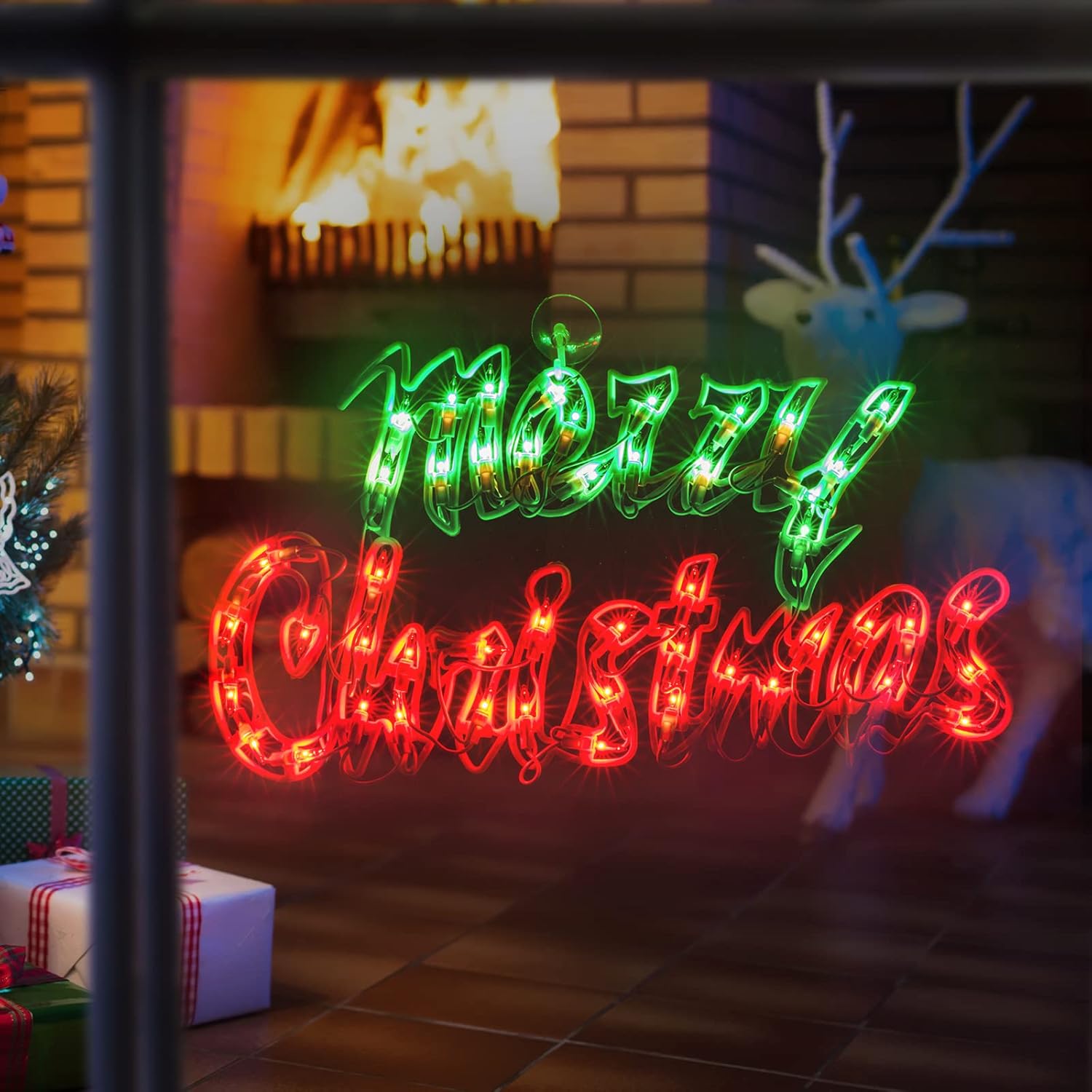 LAMPHOME Letrero de Navidad iluminado de 17.7 pulgadas, decoración de silueta de ventana de feliz Navidad (17.7 pulgadas)