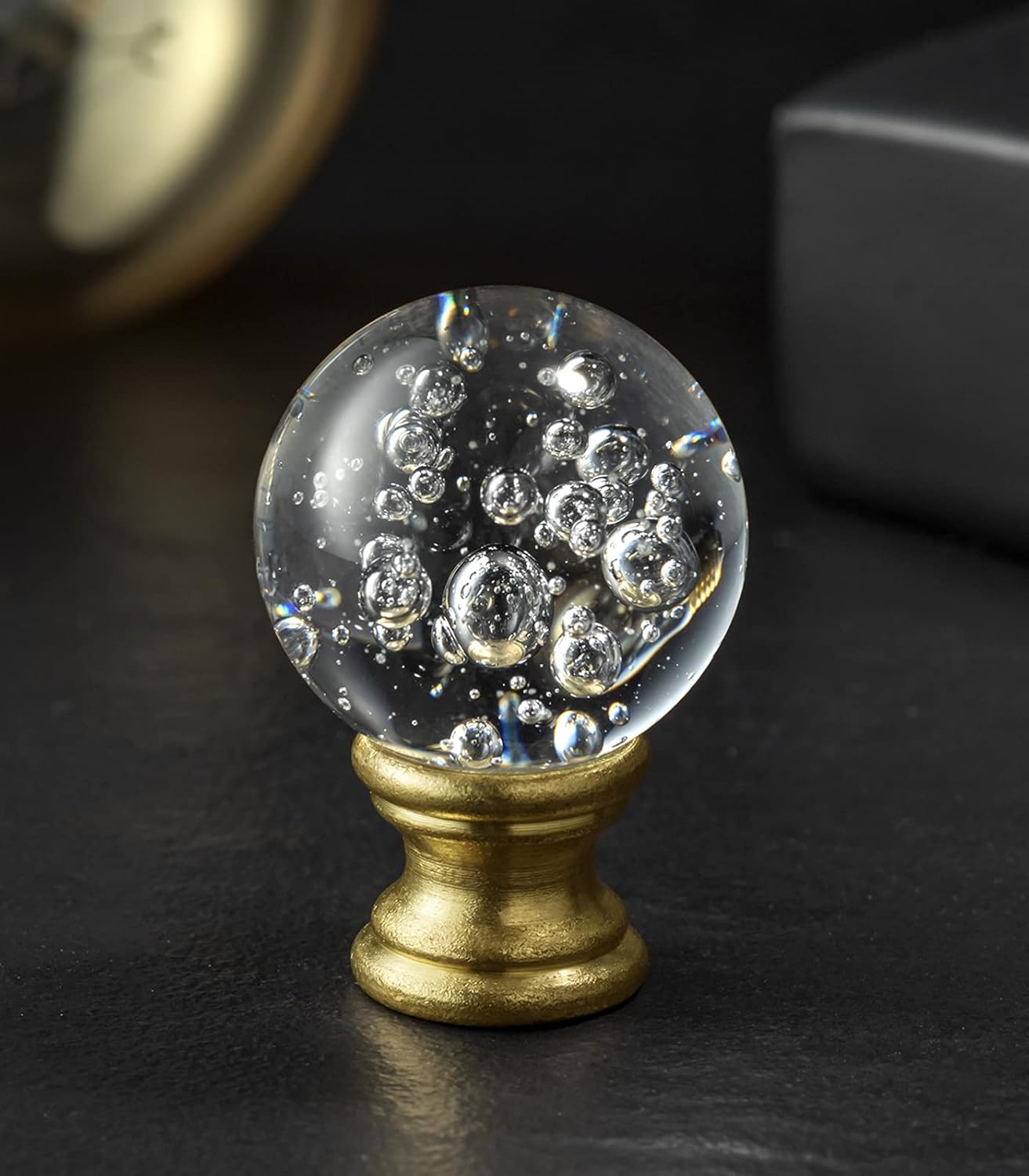 Acabados de lámpara de cristal con base de acabado de latón pulido, vidrio transparente con burbujas en forma de bola con tapa de tornillo,