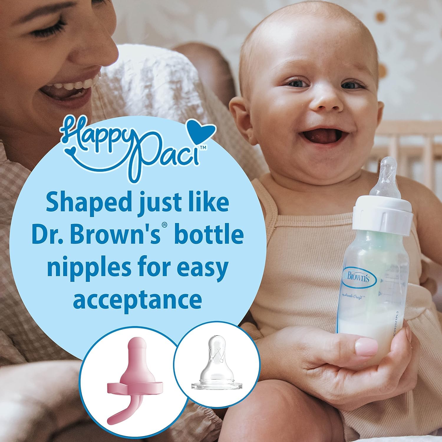Dr. Brown’s HappyPaci – Chupete de bebé 100% de silicona, diseño contorneado de una pieza, rosa, blanco, rosa claro, 0.0-19.7 ft, sin BPA, paquete