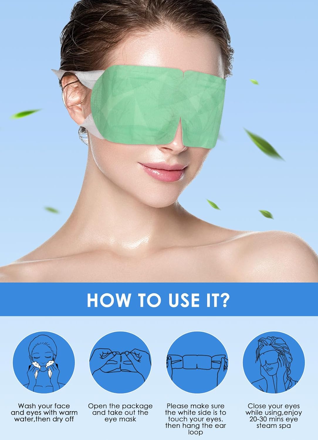 Máscara de ojos de calor de vapor para ojos secos, máscara de ojos calentada desechable, compresa de ojos cálida para ojeras, máscara de ojos de spa
