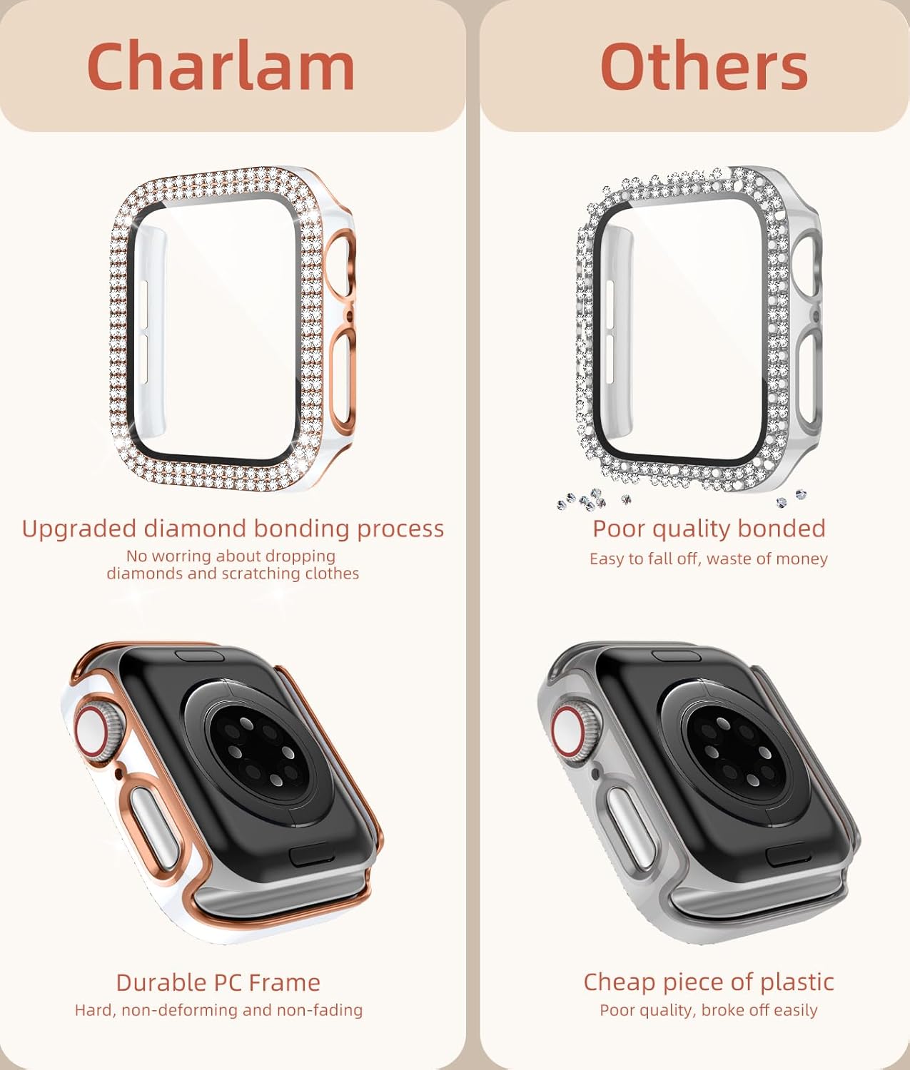 Charlam Funda brillante para Apple Watch de 1.575 pulgadas, 1.496 pulgadas, 1.614 pulgadas, 1.732 pulgadas, 1.772 pulgadas, iWatch SE Series 8, 7,
