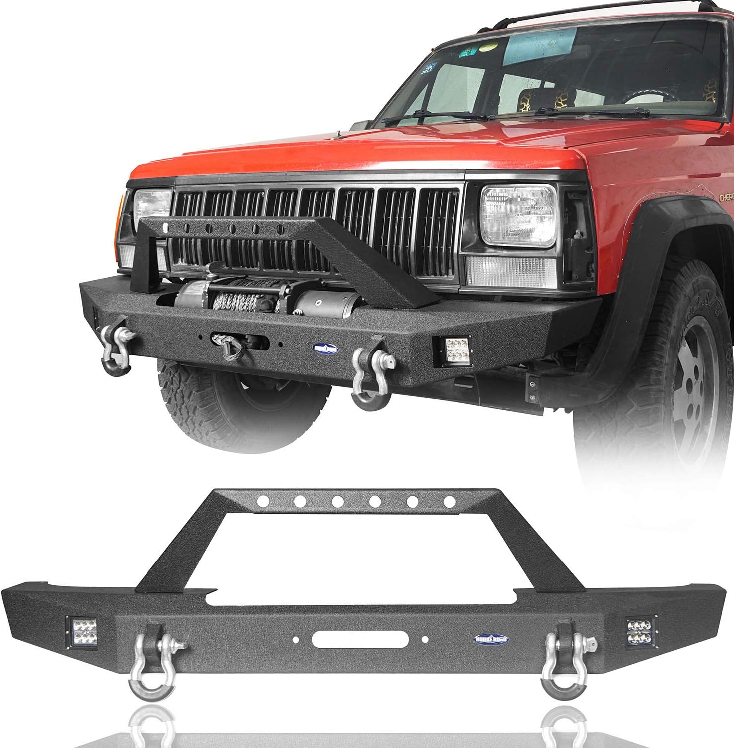 Hooke Road Parachoques delantero de acero para Jeep XJ con placa de cabrestante compatible con Jeep Cherokee XJ 1984-2001