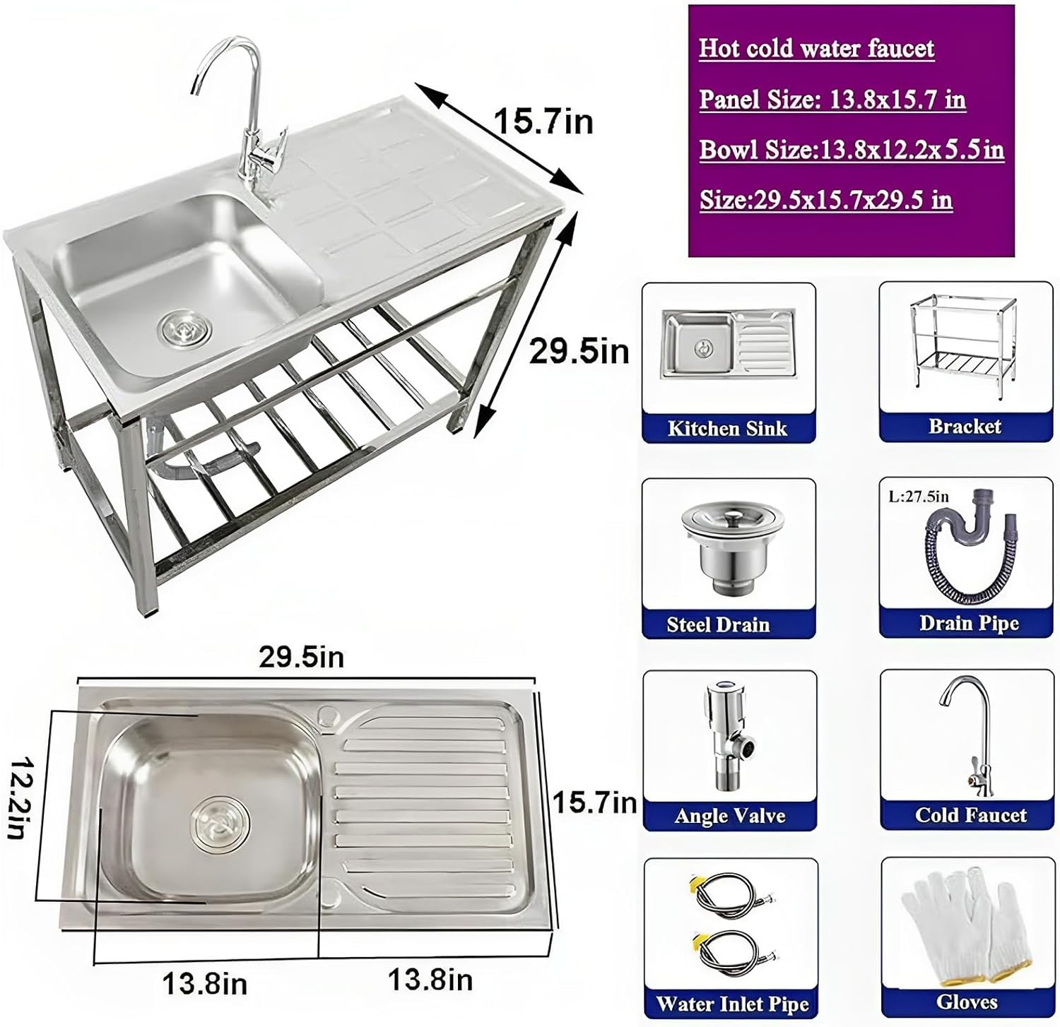 Fregadero de cocina independiente, fregadero de acero inoxidable de 30 x 16 x 30 pulgadas con grifo, fregadero portátil para cocina, lavandería,