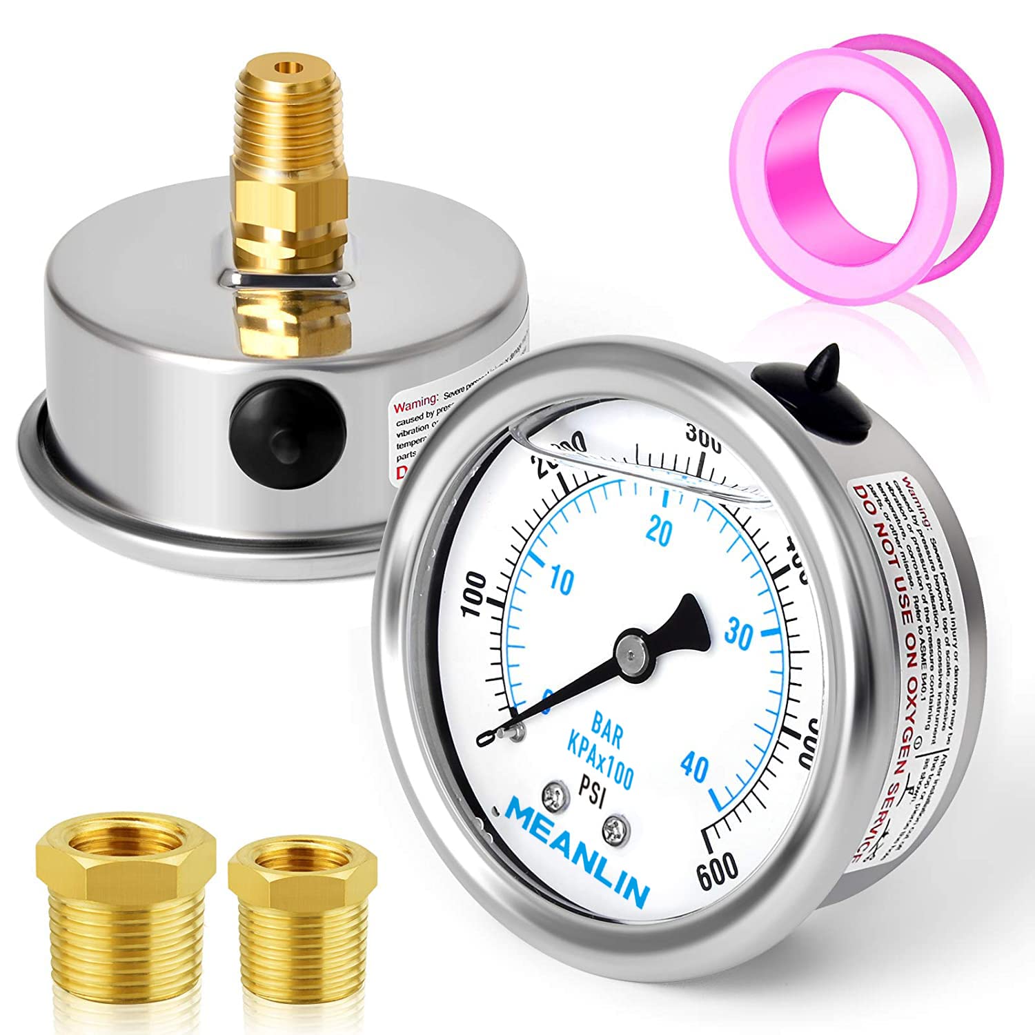 MEANLIN MEASURE – Manómetro de acero inoxidable, relleno de líquido, esfera con cara de 2.5 pulgadas, NPT de 14 de pulgada, agua, aceite y gas,