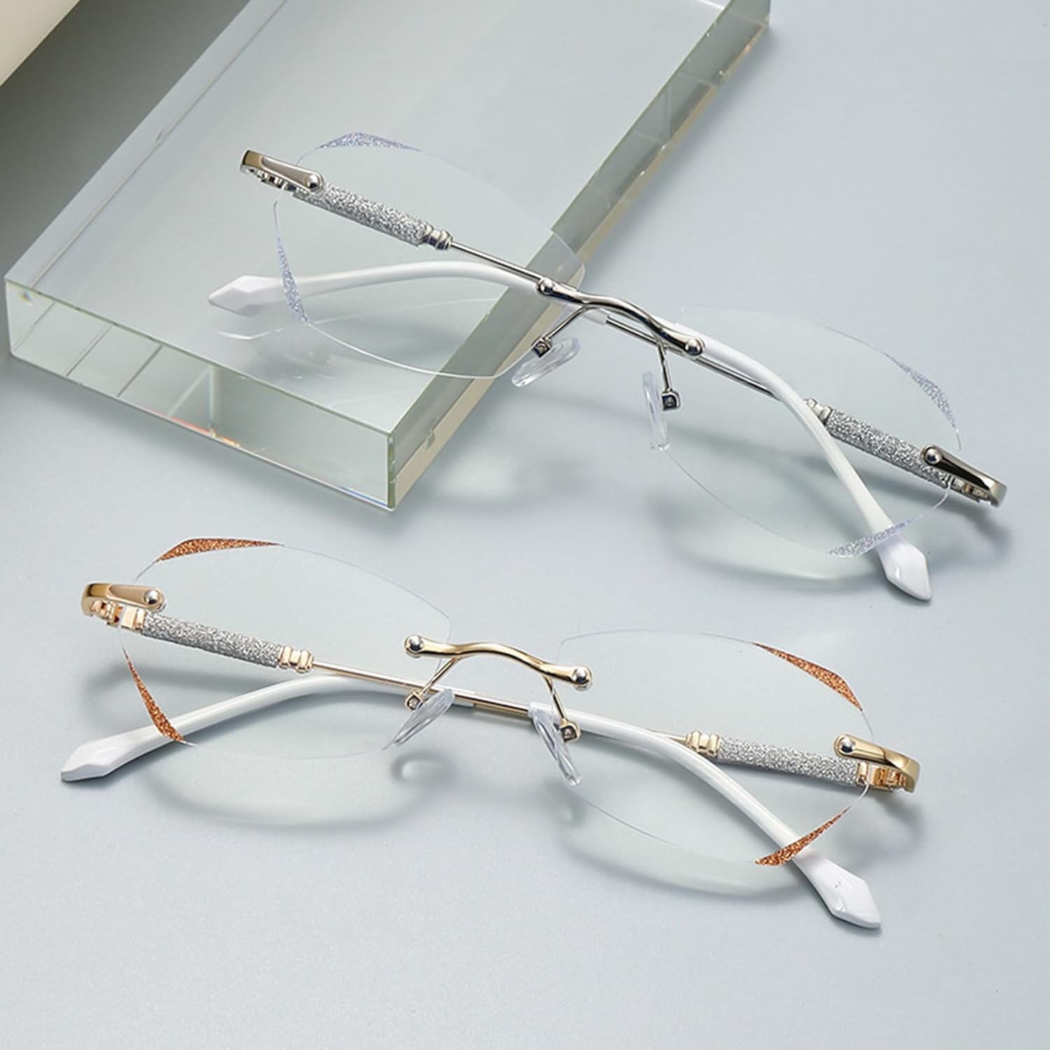 Donpidd Gafas de lectura sin montura de luz anti-azul de moda, gafas de presbicia de luz anti-azul sin montura de diamante para mujer