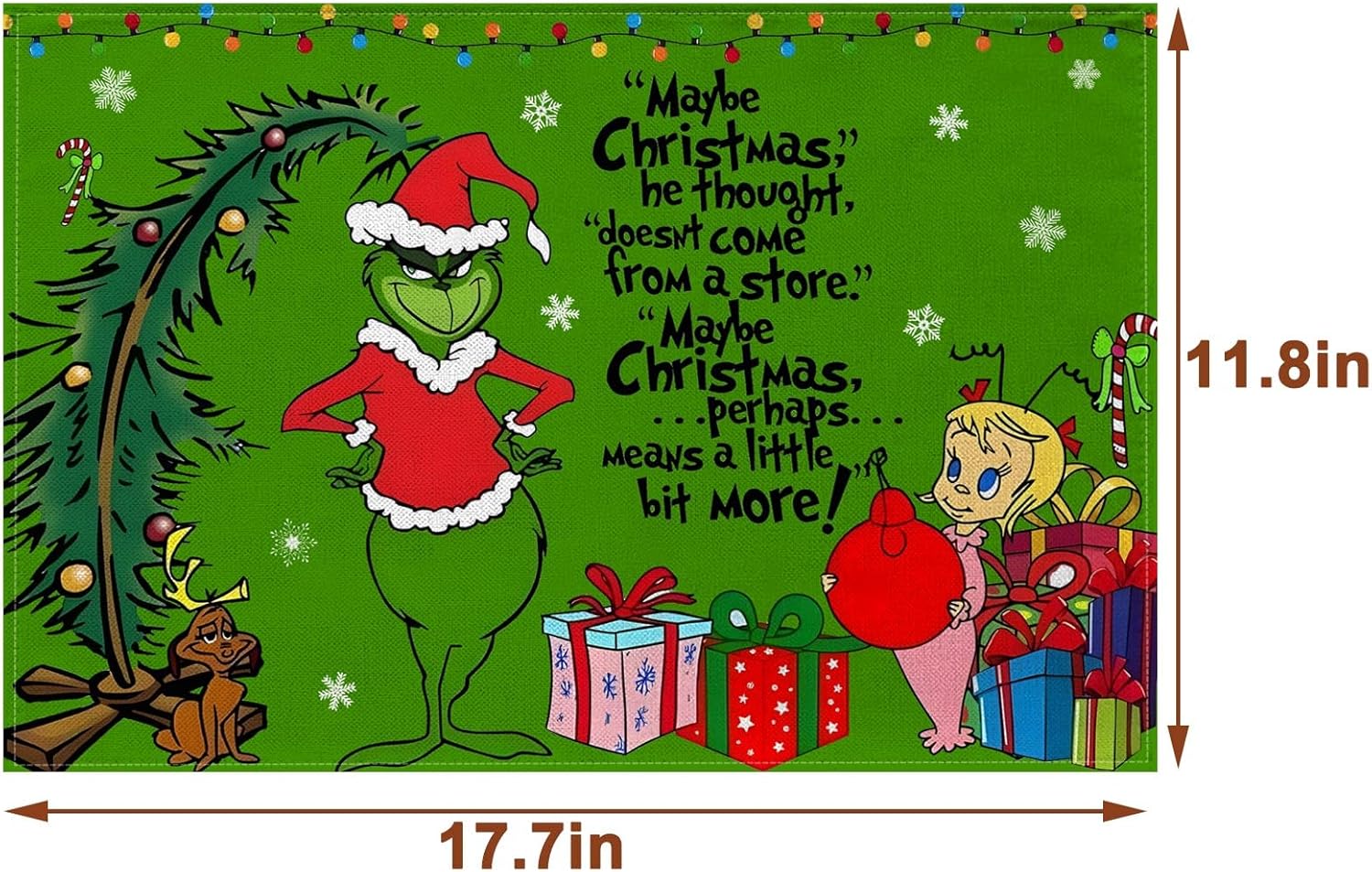 Nepnuser Juego de 4 manteles individuales de lino con texto en inglés Merry Christmas de Grinchmas Whoville Green Elf Navidad, fiestas de invierno,
